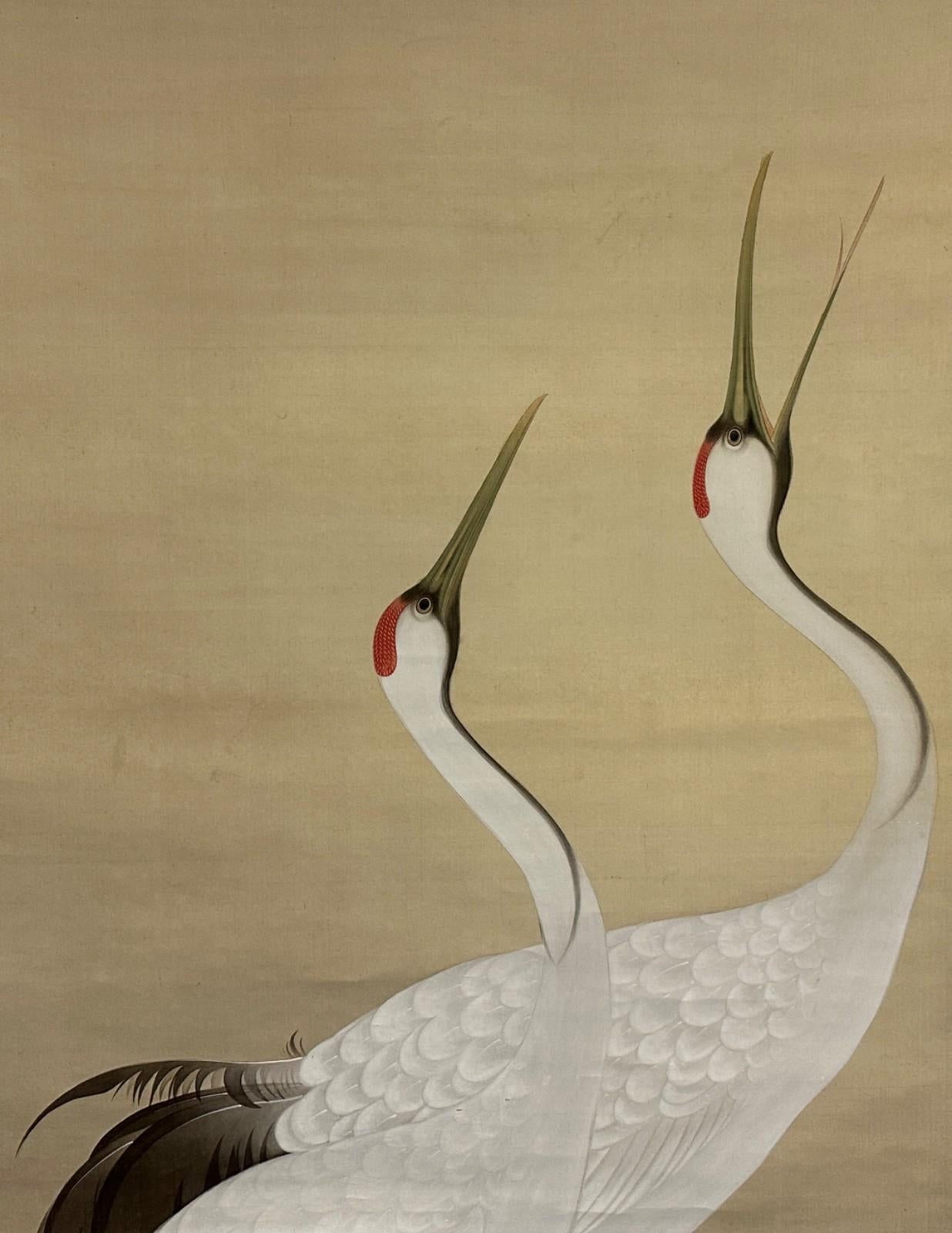 Japanese Hanging Scroll: Masterful Pair of Cranes, Taisho Period For Sale 1
