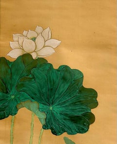 Japanese Hanging Scroll of Lotus Flowers, Ink and Color on Silk, 20th Century