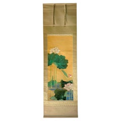 Japanese Hanging Scroll of Lotus Flowers, Ink and Color on Silk, 20th Century