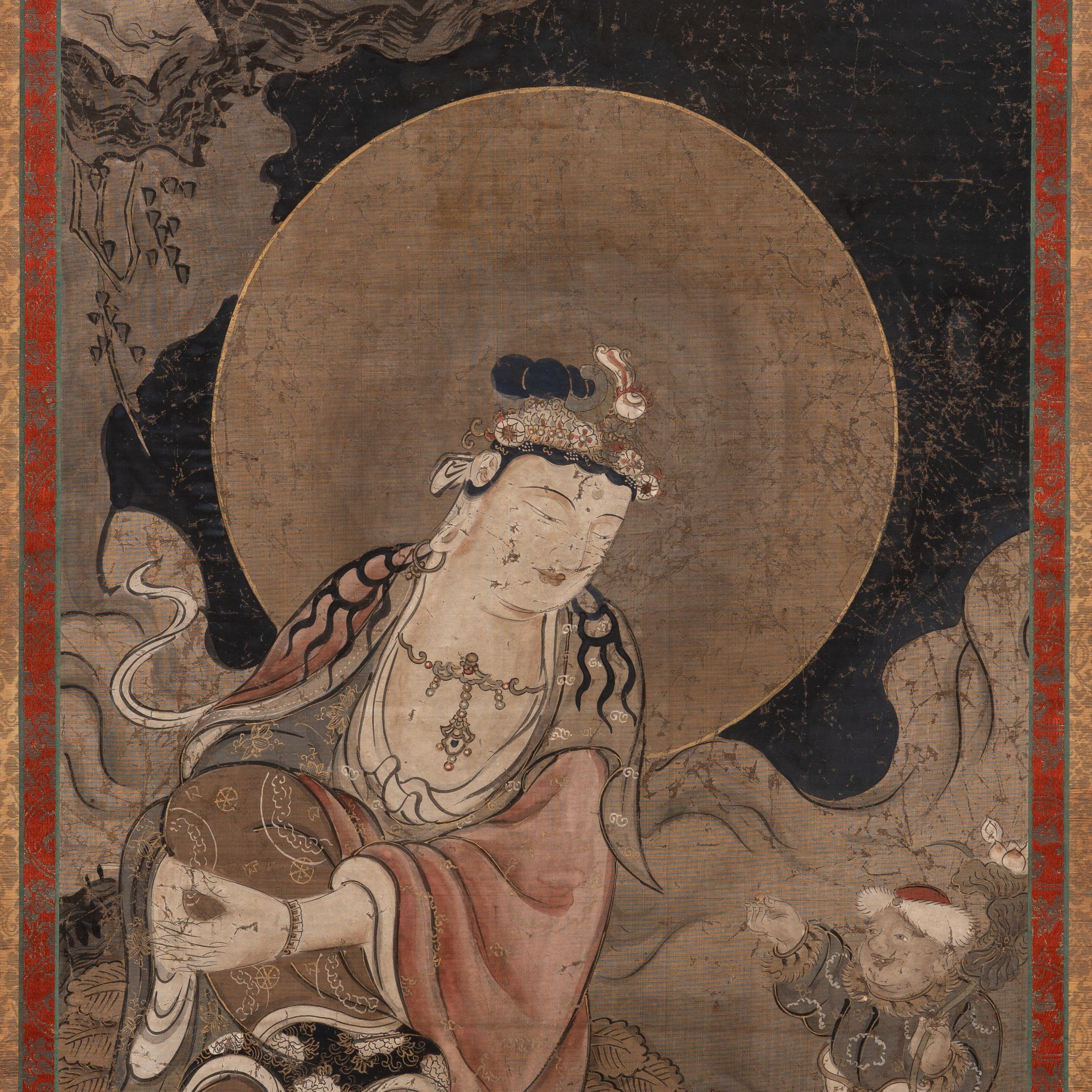 This exquisite hanging scroll painting from the late 18th century depicts the sacred form of the bodhisattva Guanyin, known in Japanese Buddhism as Shō Kannon, or Guze Kannon. Described as the 