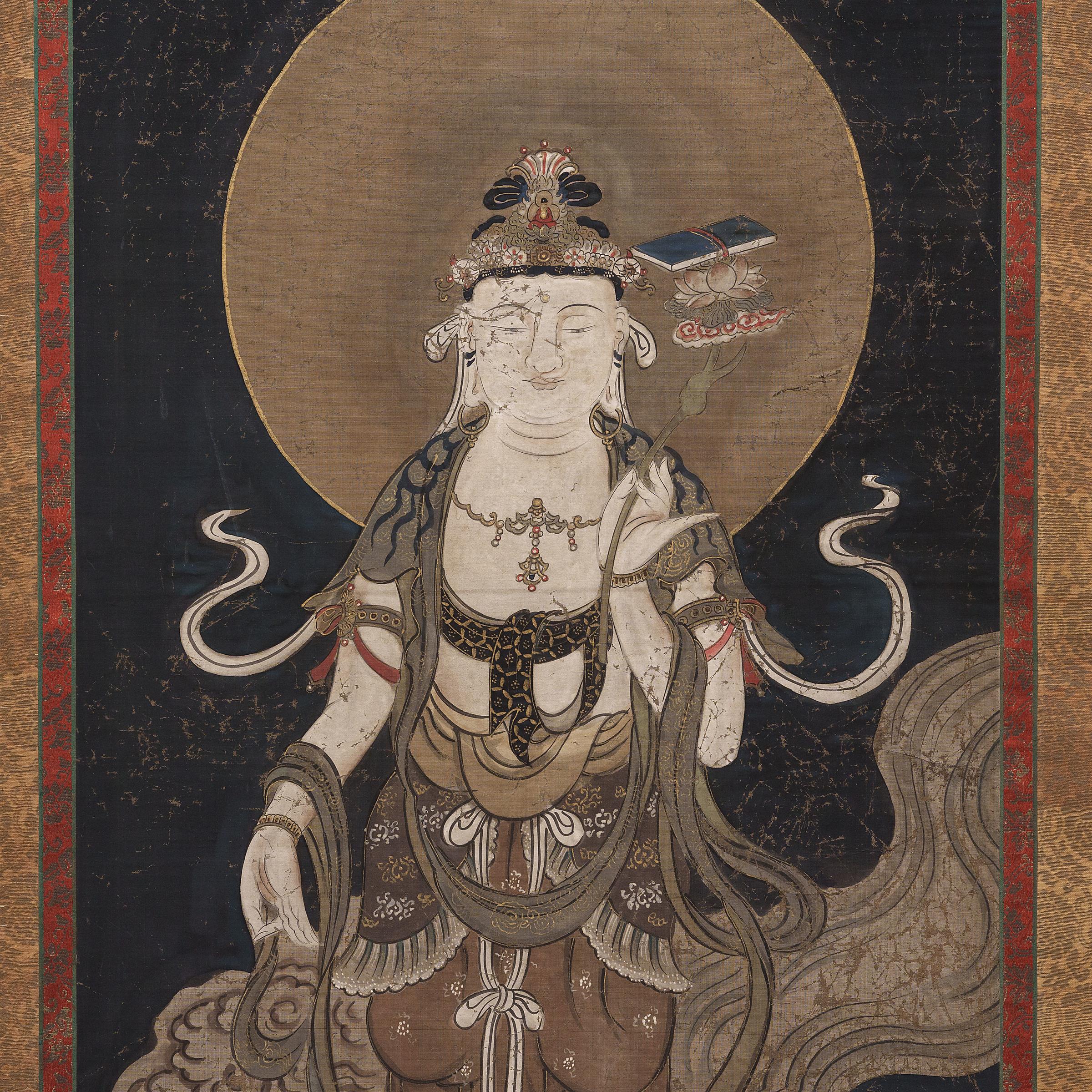 This exquisite hanging scroll painting from the late 18th century depicts the sacred form of the bodhisattva Guanyin, known in Japanese Buddhism as Shō Kannon, or Guze Kannon. Described as the 