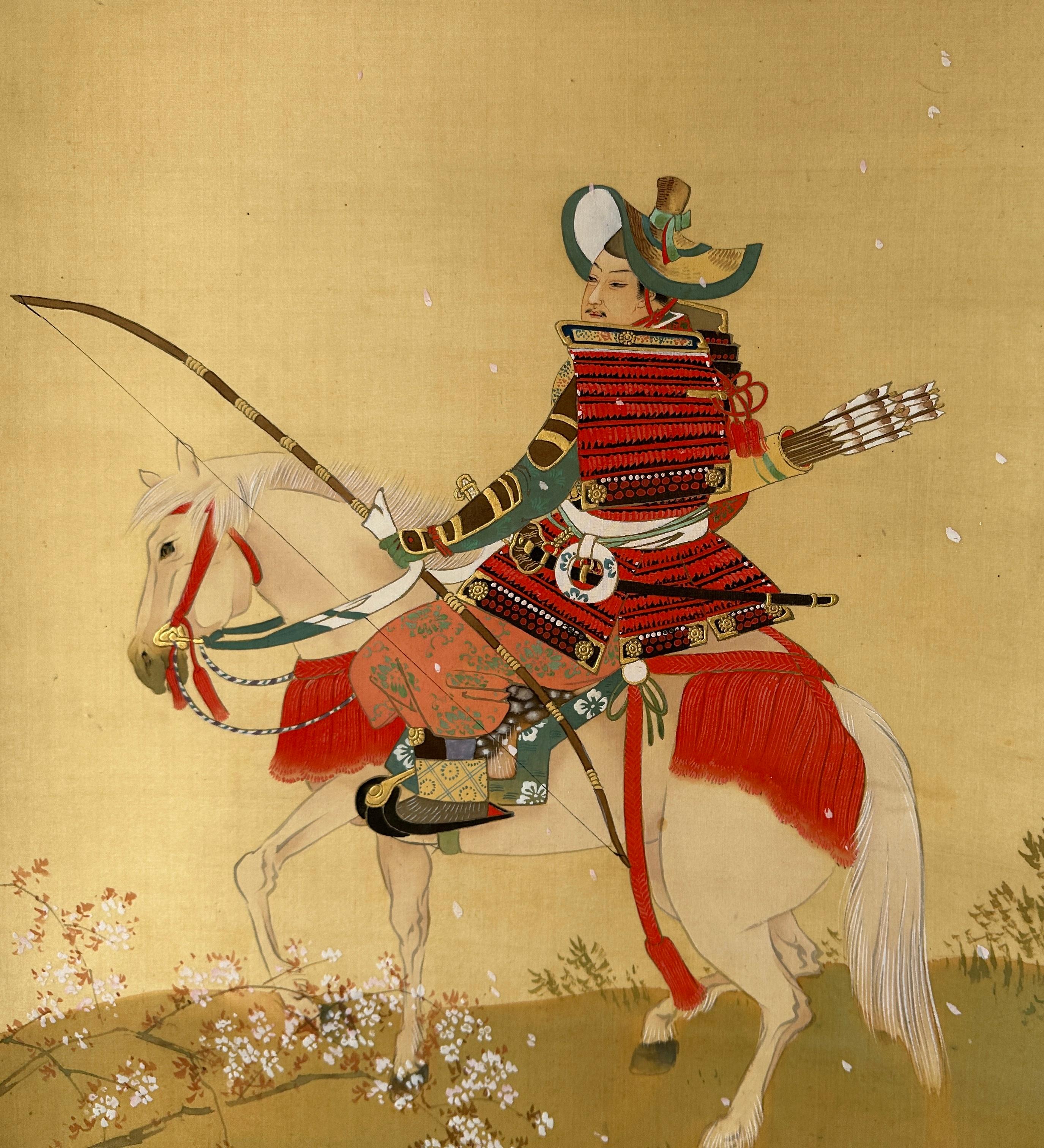 Japanese Hanging Scroll – Samurai under Blossoming Tree For Sale 8