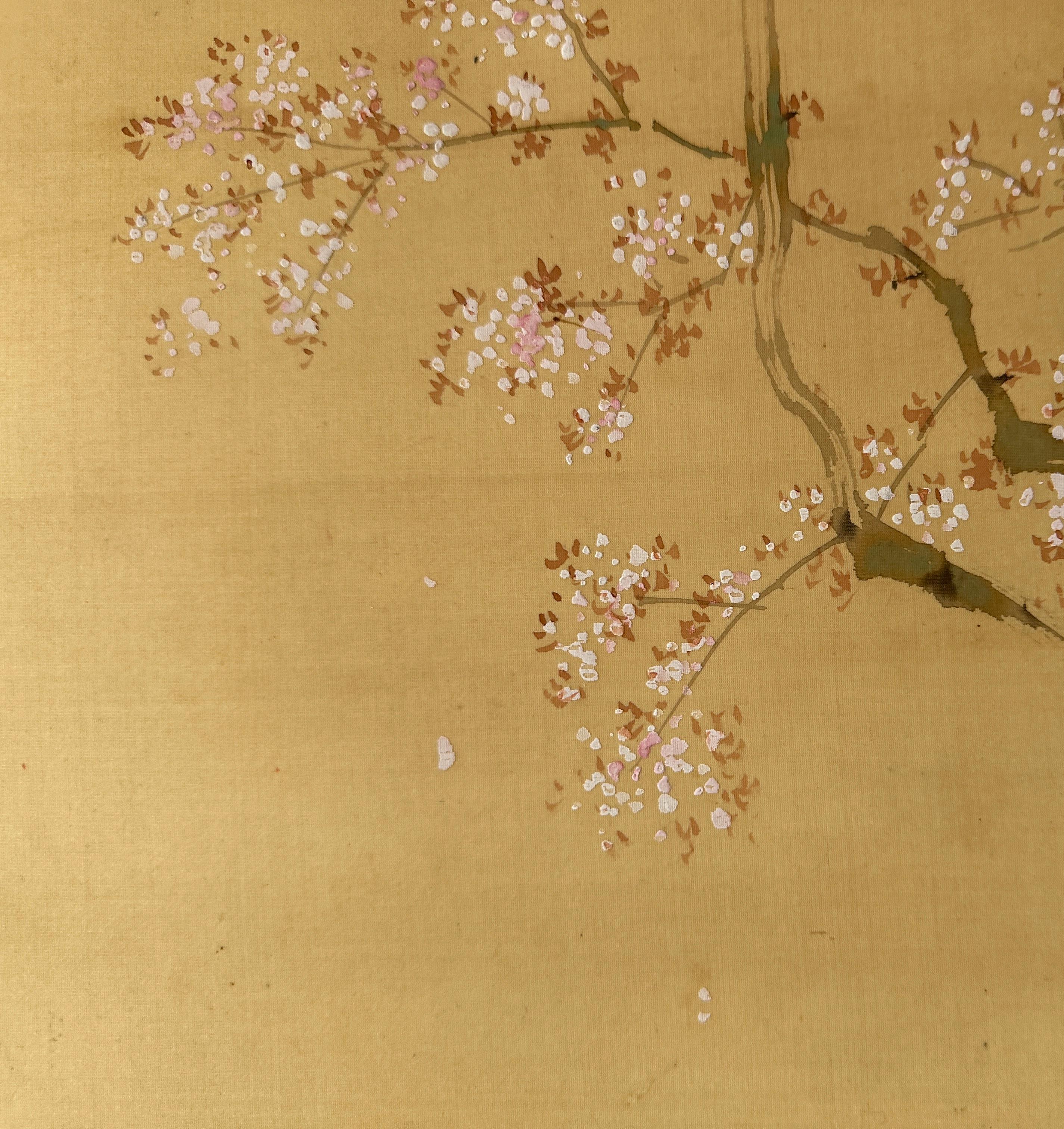 Japanese Hanging Scroll – Samurai under Blossoming Tree In Good Condition For Sale In Fukuoka, JP