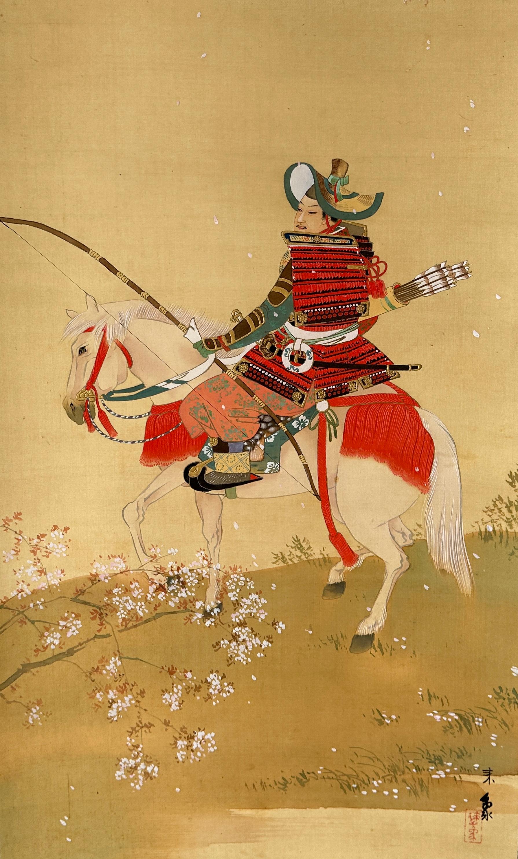 20th Century Japanese Hanging Scroll – Samurai under Blossoming Tree For Sale