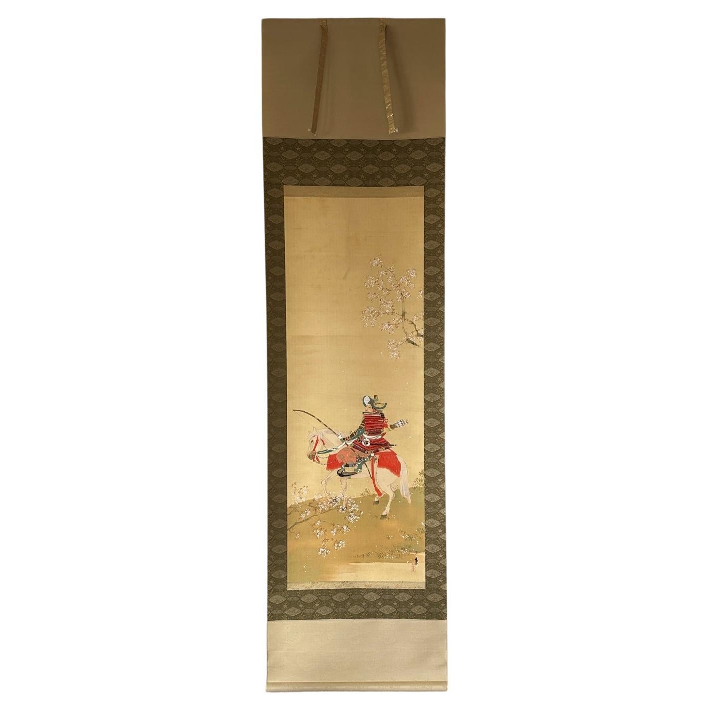 Japanese Hanging Scroll – Samurai under Blossoming Tree For Sale