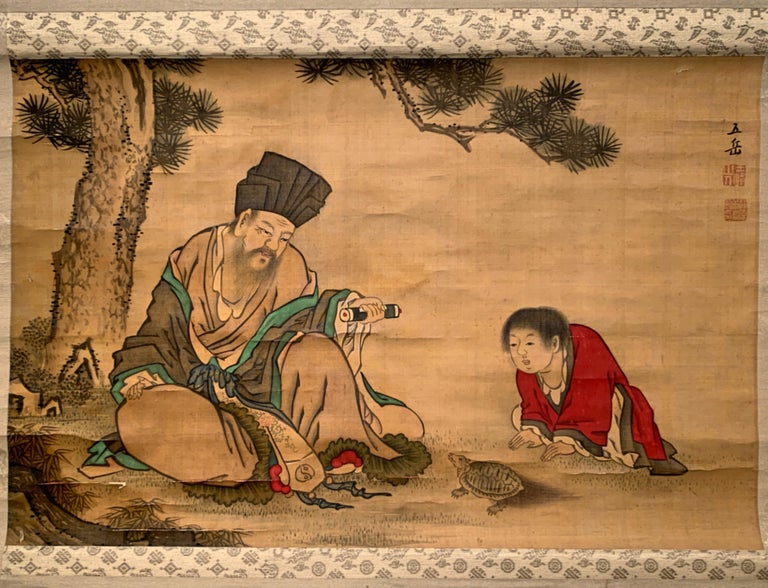Rouleau Peinture Japonaise Ancien Suspendu - Lever Du Soleil - Peinture à La Main - Occasion