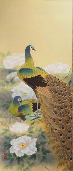 Japanese Hanging Scroll with Peacock and Peonies Signed by Kojima Renbun, Showa