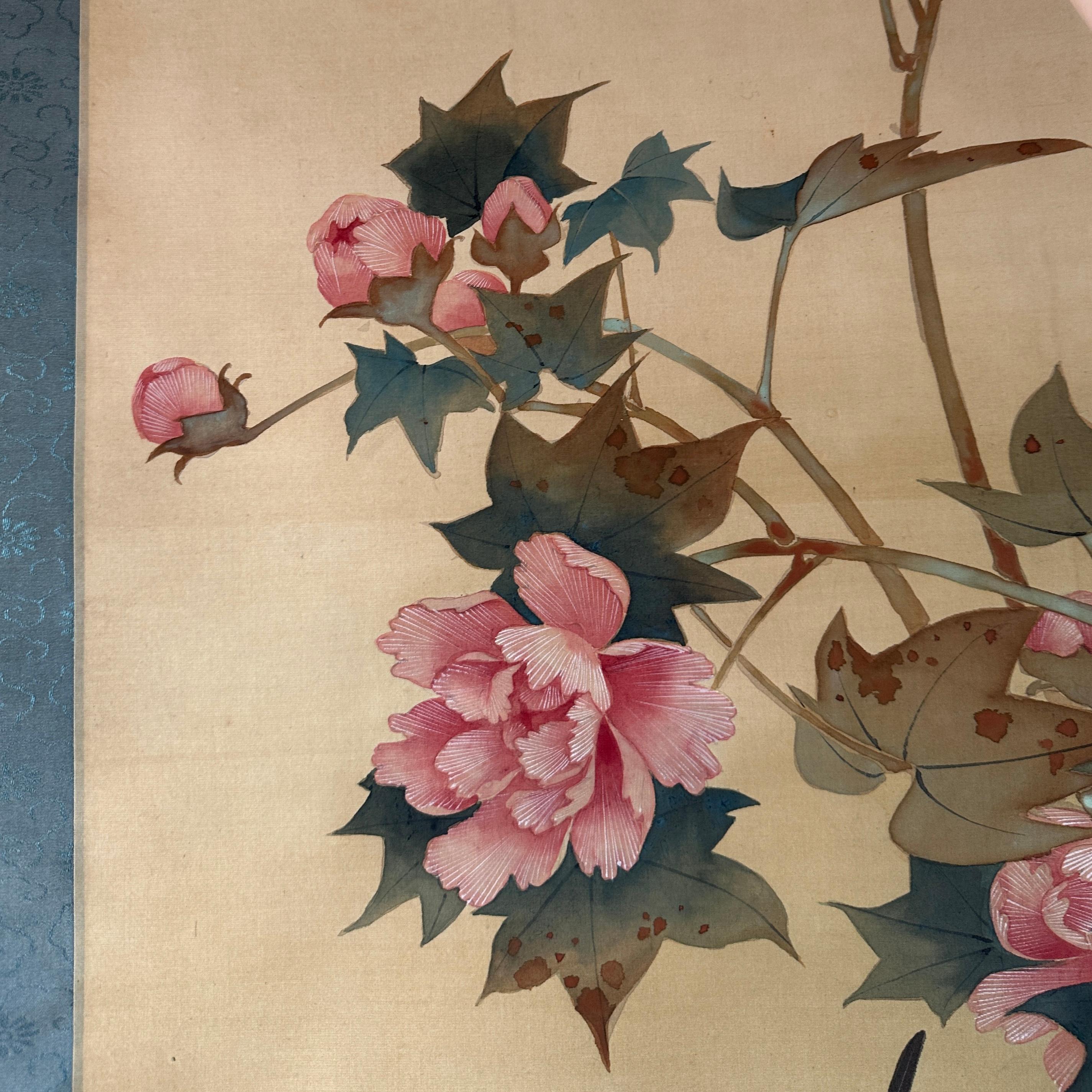 Pergamino japonés con flores de peonía - Siglo XX Hecho a mano en venta