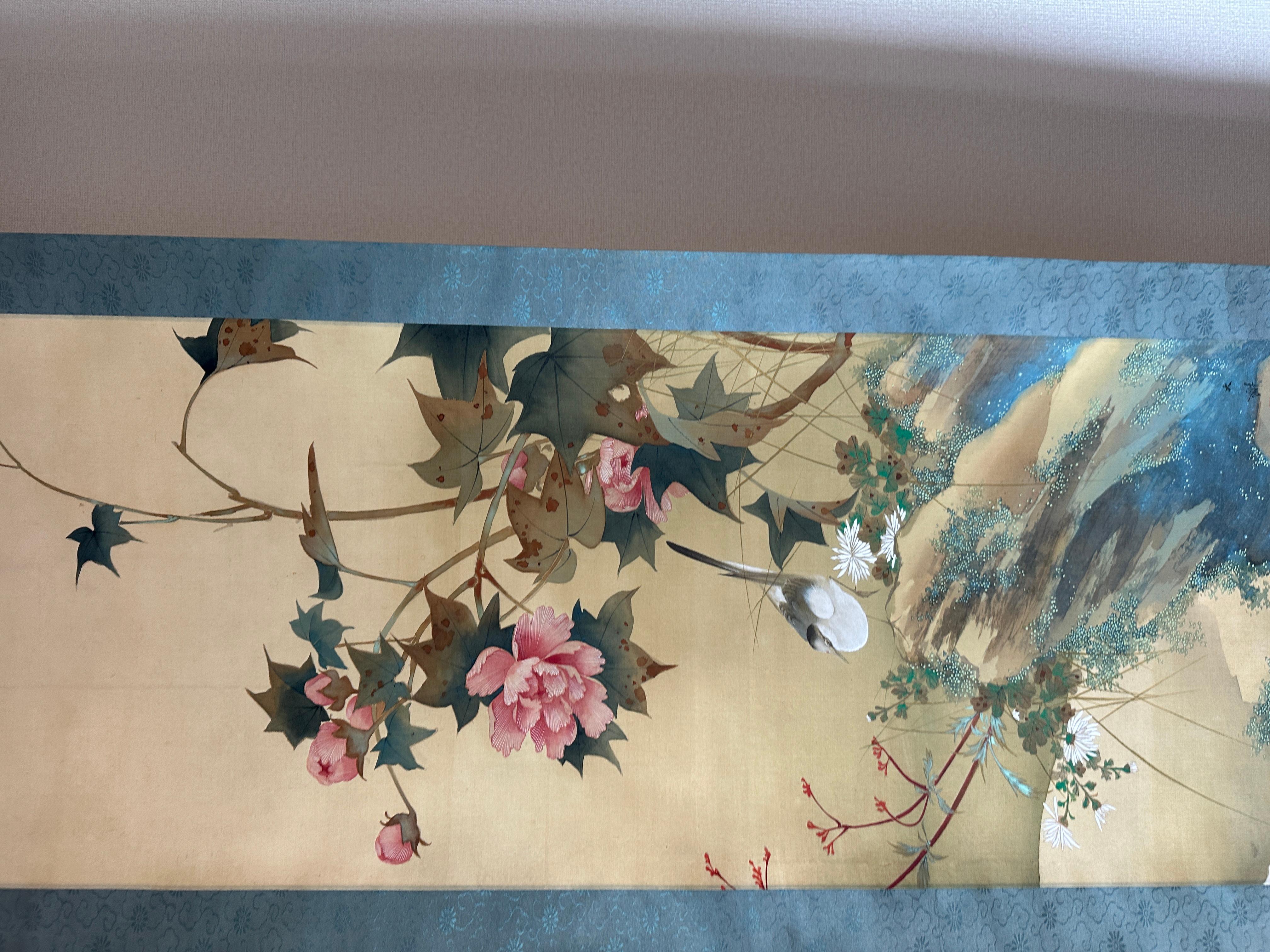 Pergamino japonés con flores de peonía - Siglo XX siglo XX en venta