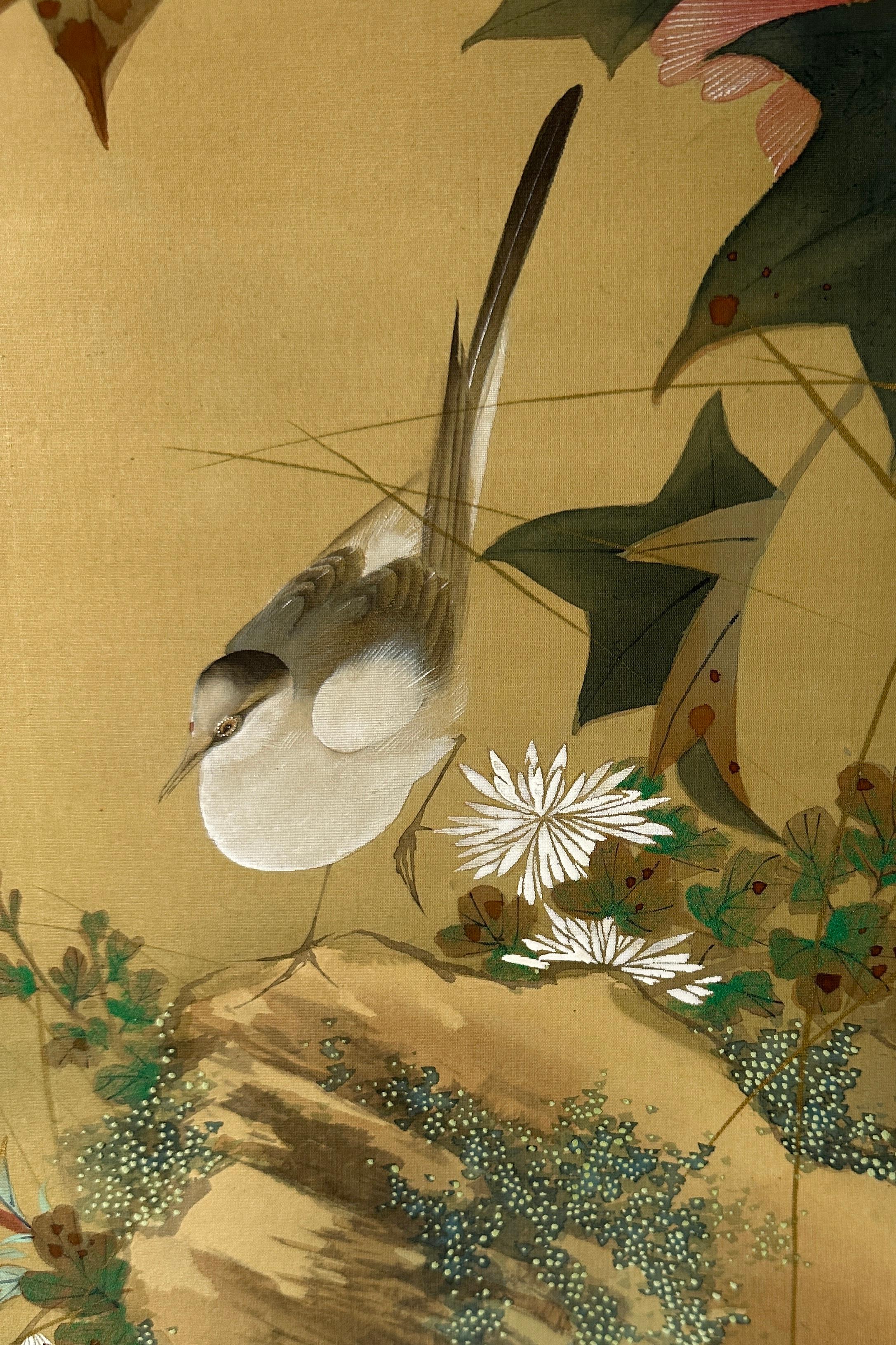 Pergamino japonés con flores de peonía - Siglo XX Madera en venta