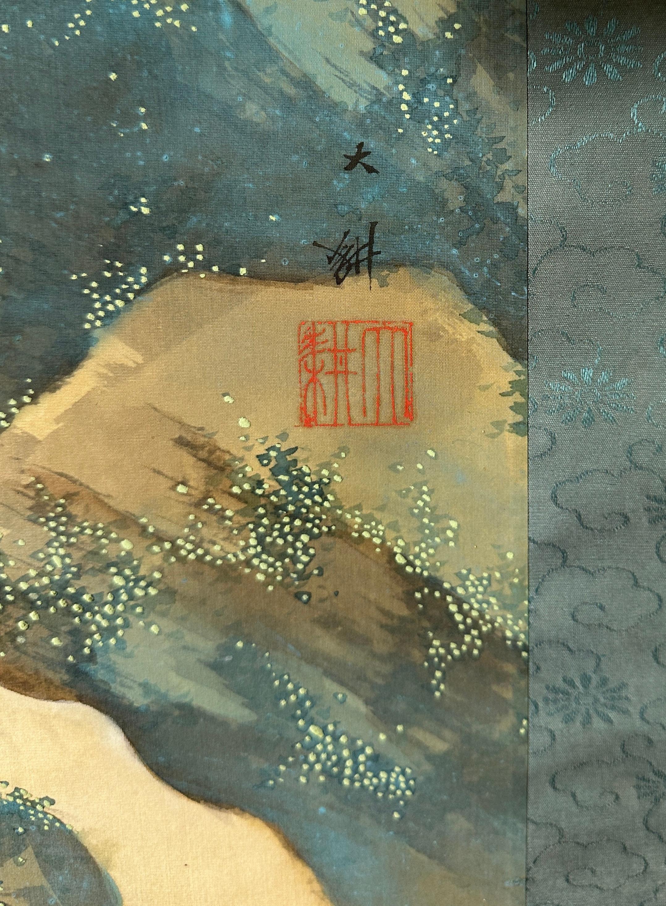 Pergamino japonés con flores de peonía - Siglo XX en venta 2