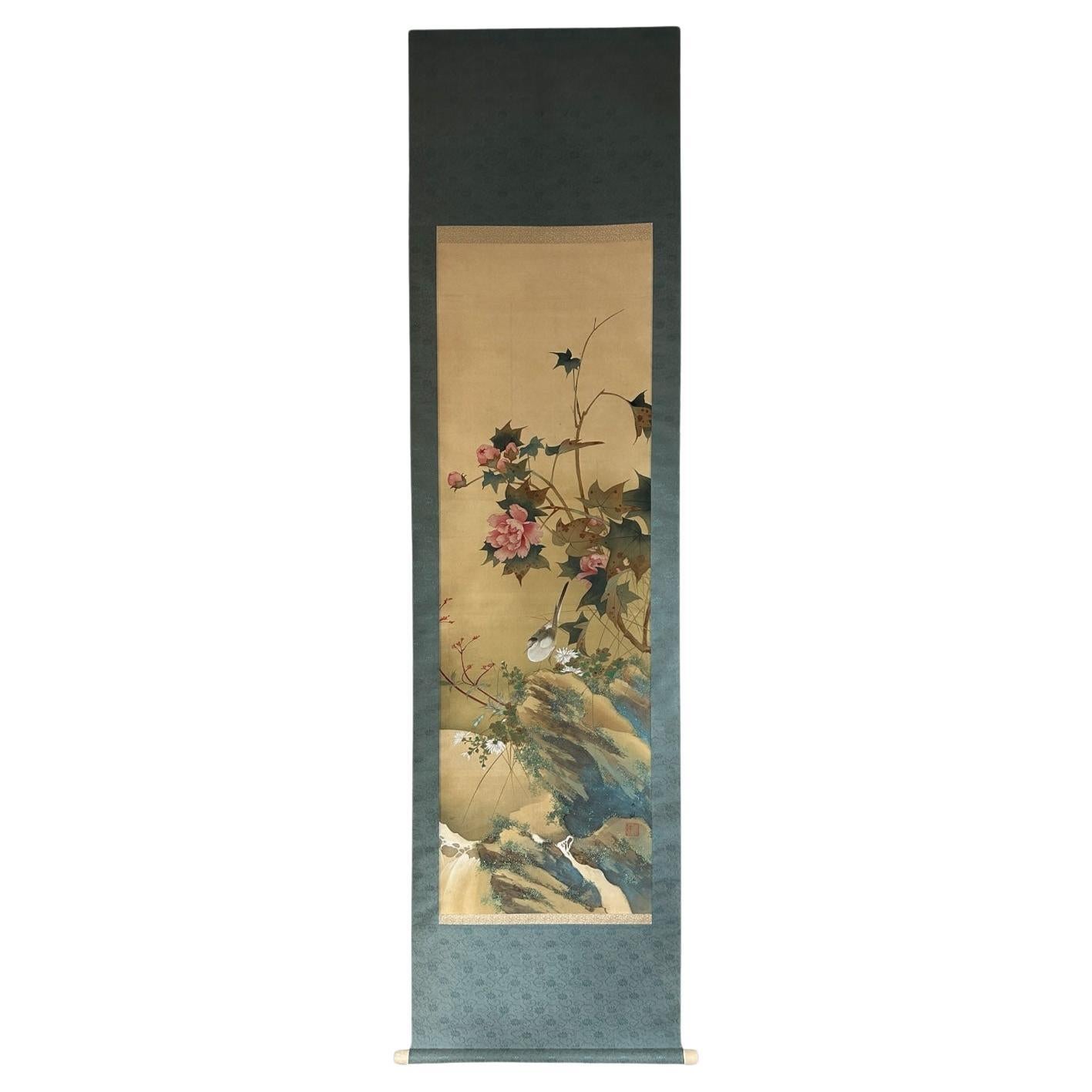 Japanese Hanging Scroll with Peony Flowers – 20th Century