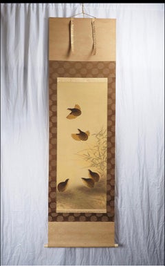 Japanese Hanging Scroll with Quails, Ink and Colour on Silk, Signed