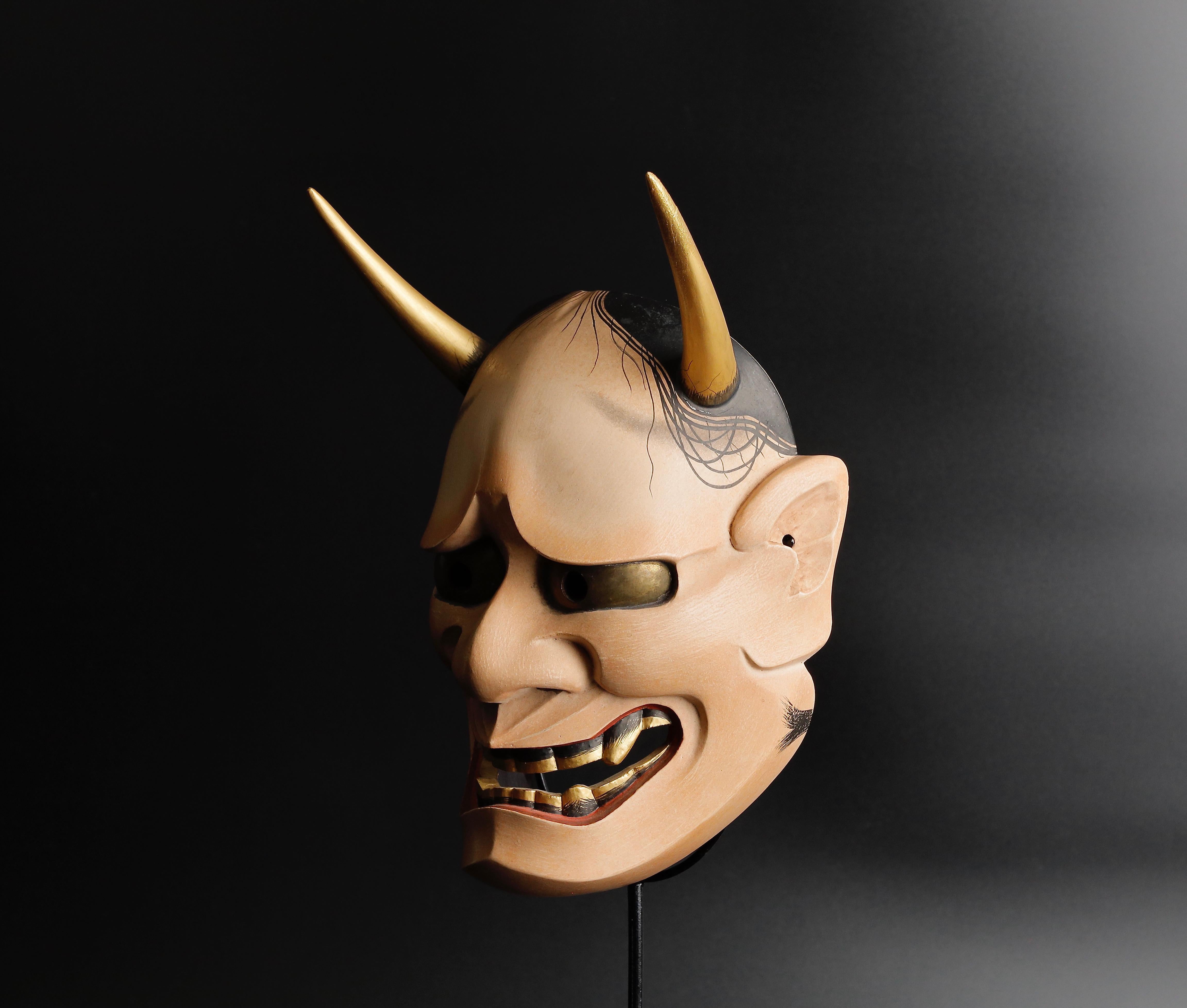Carved Japanese Hannya Mask of a Jealous Female Serpent-Demon Made by Douun