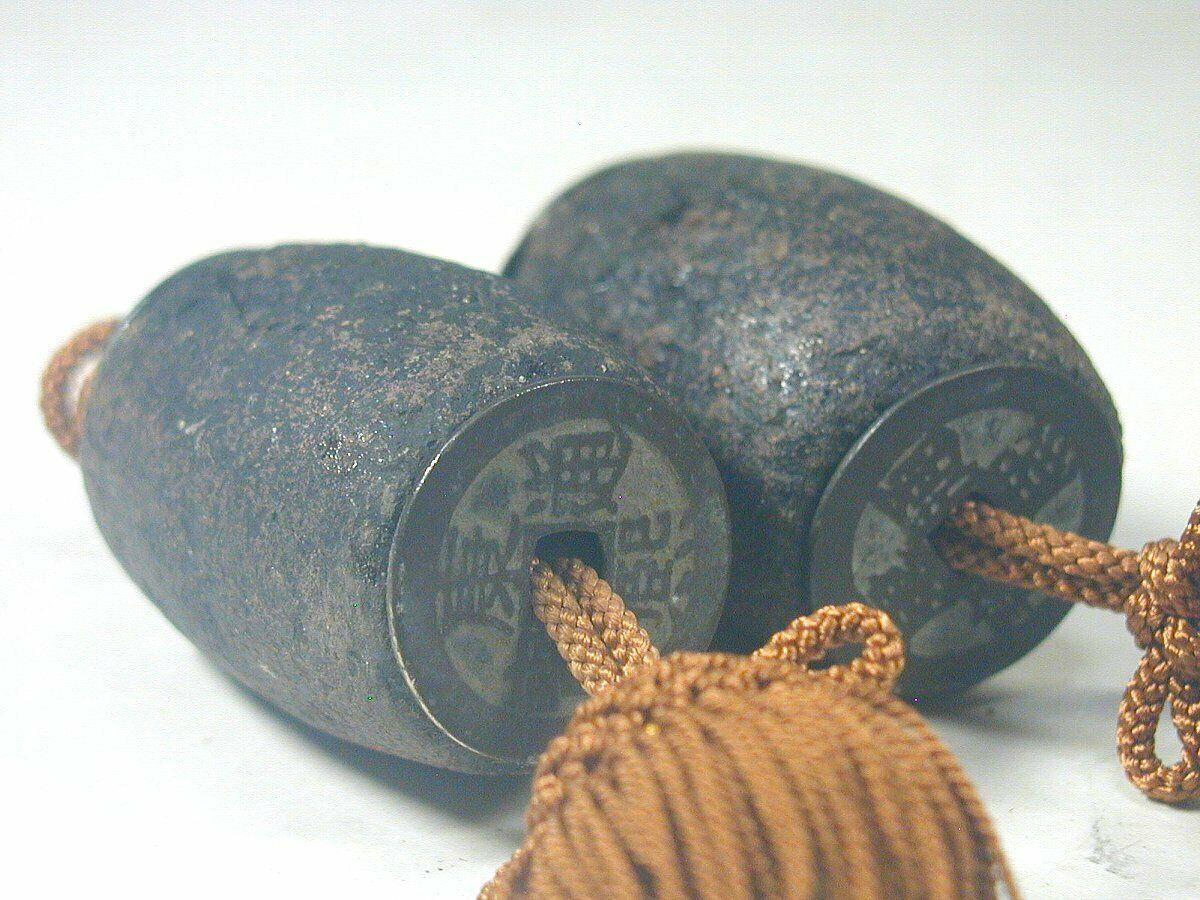 Hand-Painted Japanese Hard to Find Pair Antique Ceramic & Meiji Coin Fuchin Scroll Weights