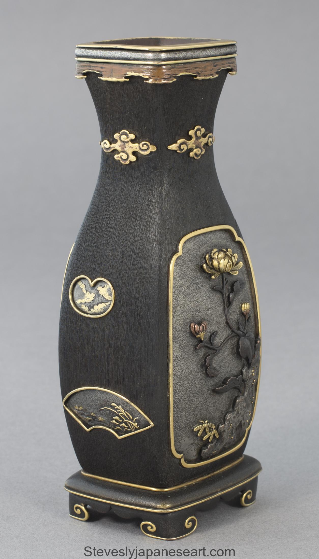 Japanese Hardwood Mixed Metal Vases – Katsuyoshi School For Sale 12