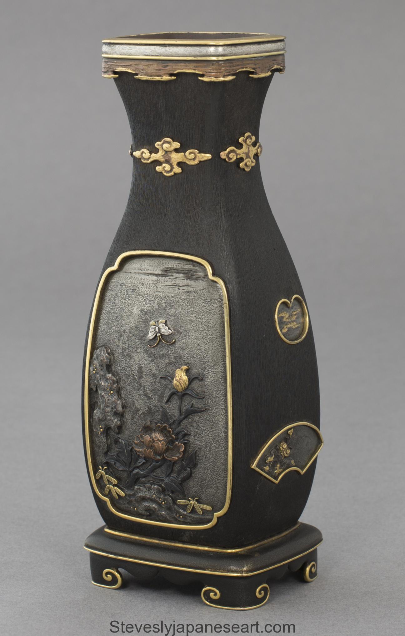 19th Century Japanese Hardwood Mixed Metal Vases – Katsuyoshi School For Sale