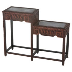 Japanese Hardwood Side Stand with Deeply Carved Junket Ships 
Floral Elements