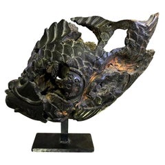 Japanese Heavy Wood Hand Carved Koi Fish Sculpture on Display Stand