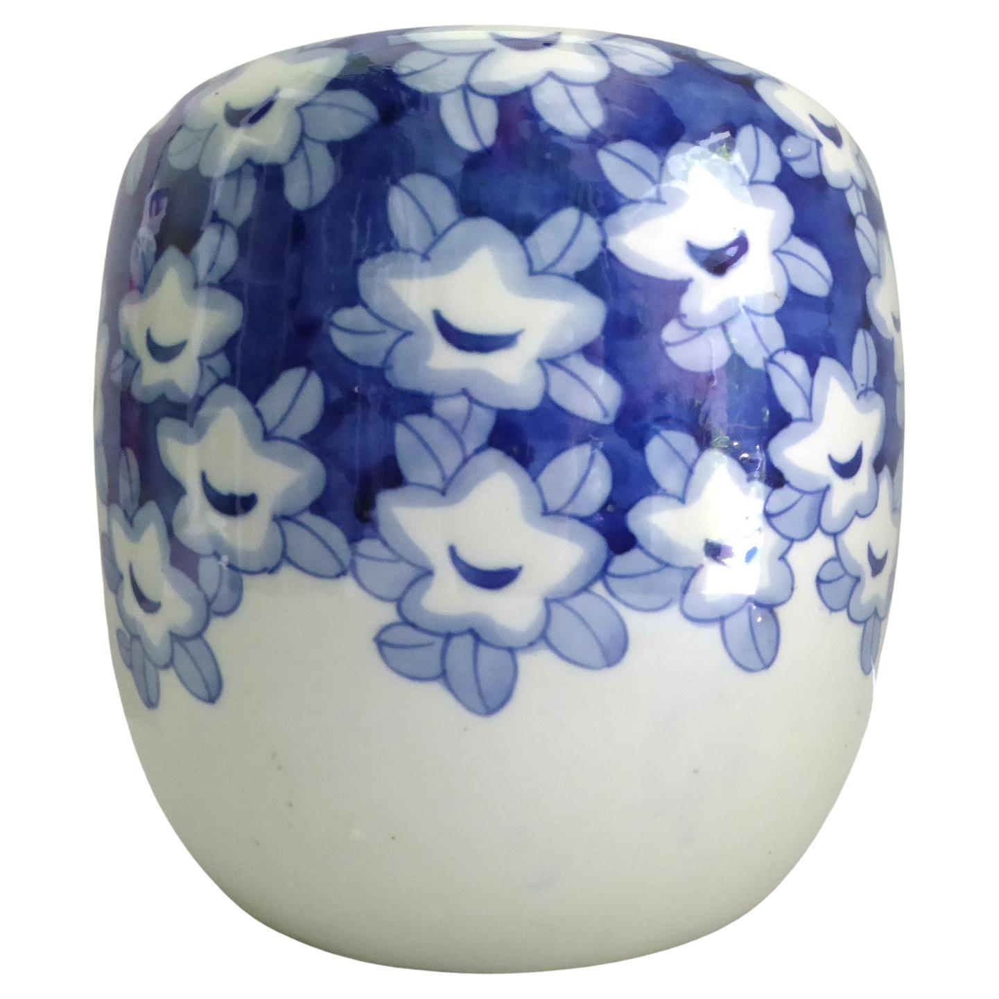 Japanese Hibachi Blue and White Earthenware with Hand Painted Plum Blooms, 1950s