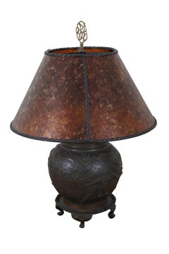 Japanese High Relief Bronze Ginger Jar Lamp Cranes Cherry Blossoms Chinoiserie