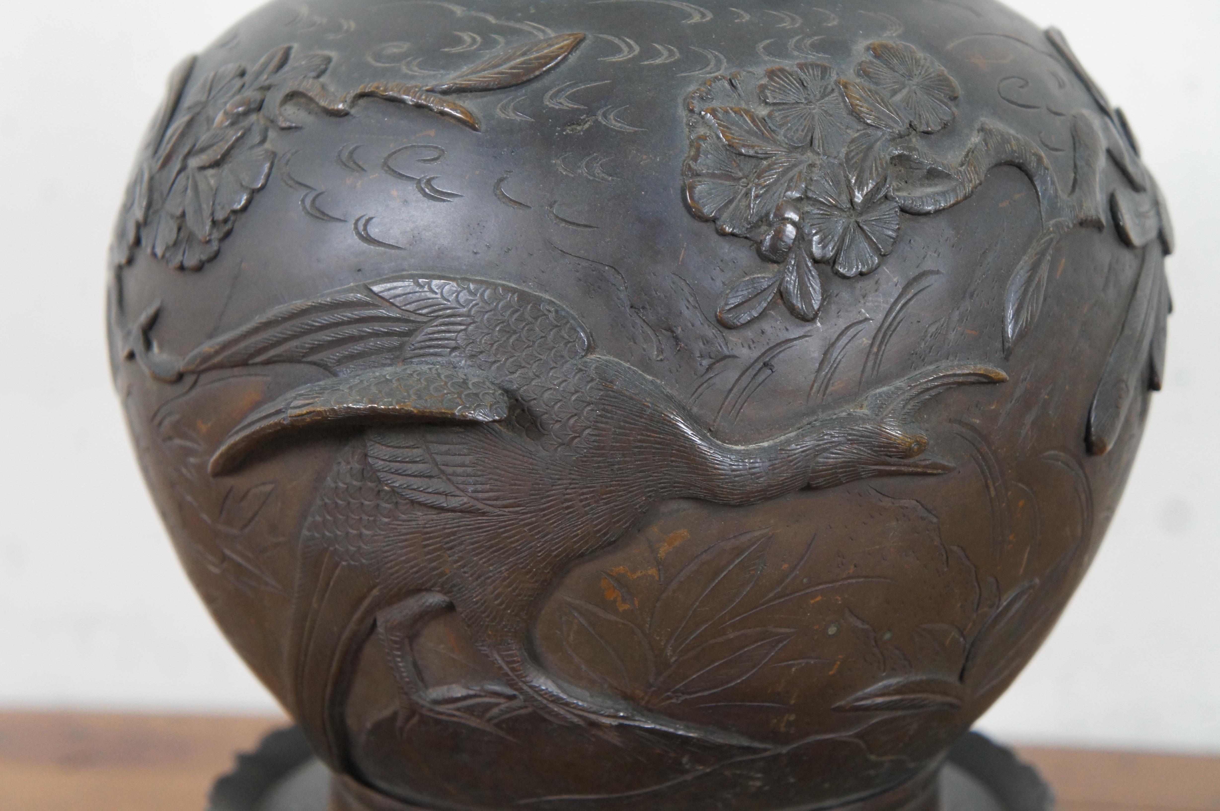 Japanese High Relief Bronze Ginger Jar Lamp Cranes Cherry Blossoms Chinoiserie In Good Condition In Dayton, OH