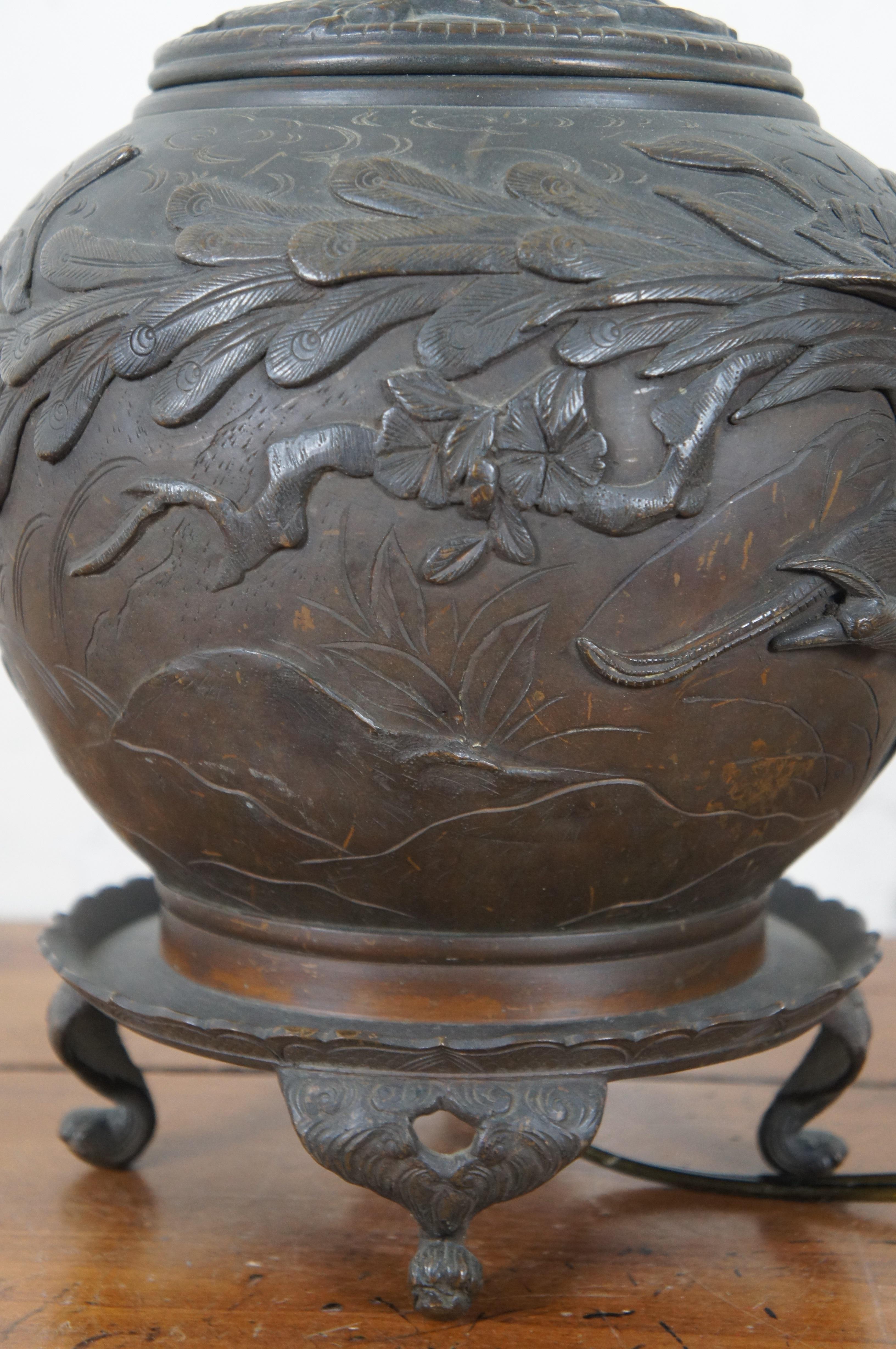 20th Century Japanese High Relief Bronze Ginger Jar Lamp Cranes Cherry Blossoms Chinoiserie