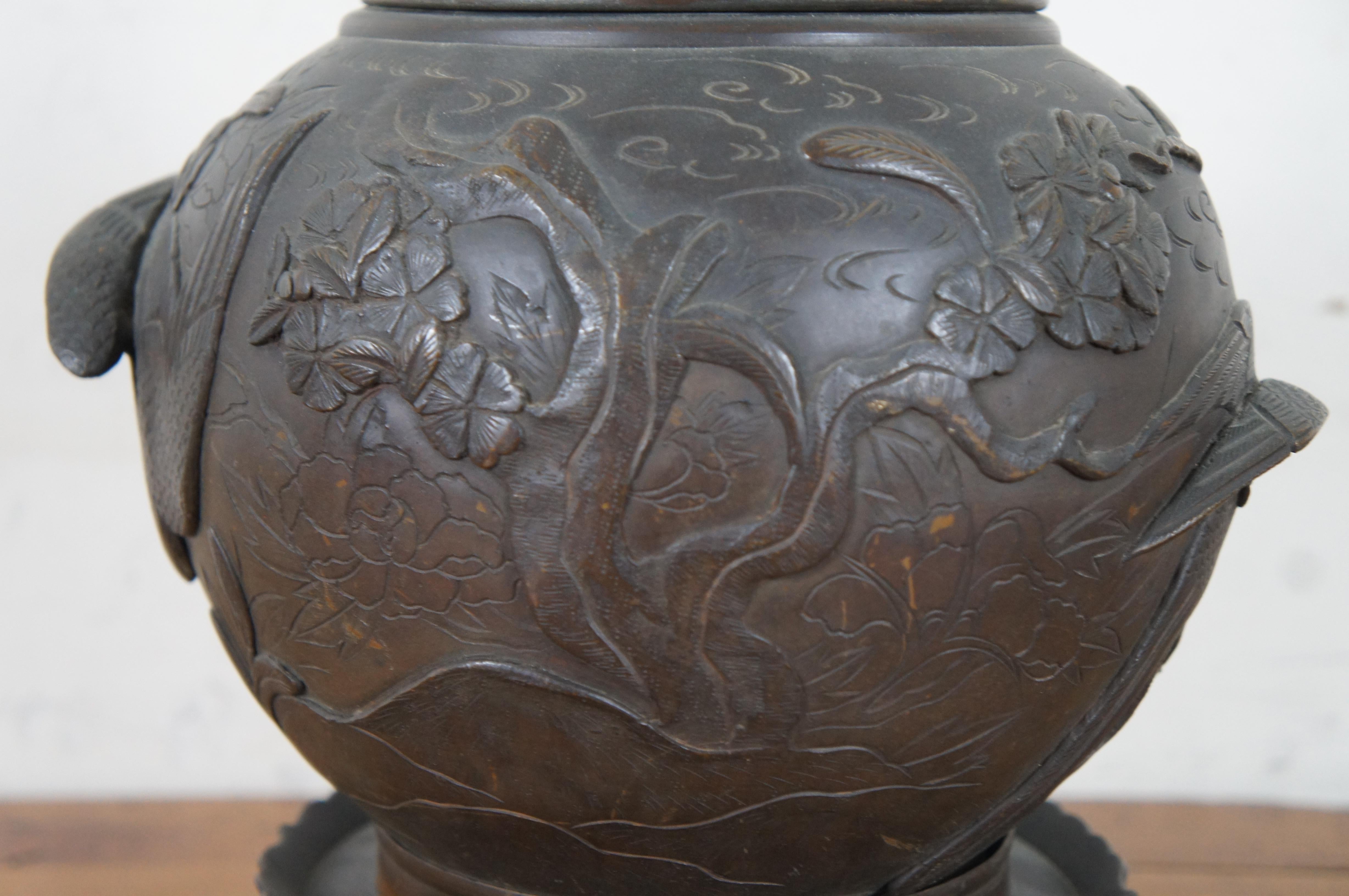 Japanese High Relief Bronze Ginger Jar Lamp Cranes Cherry Blossoms Chinoiserie 2