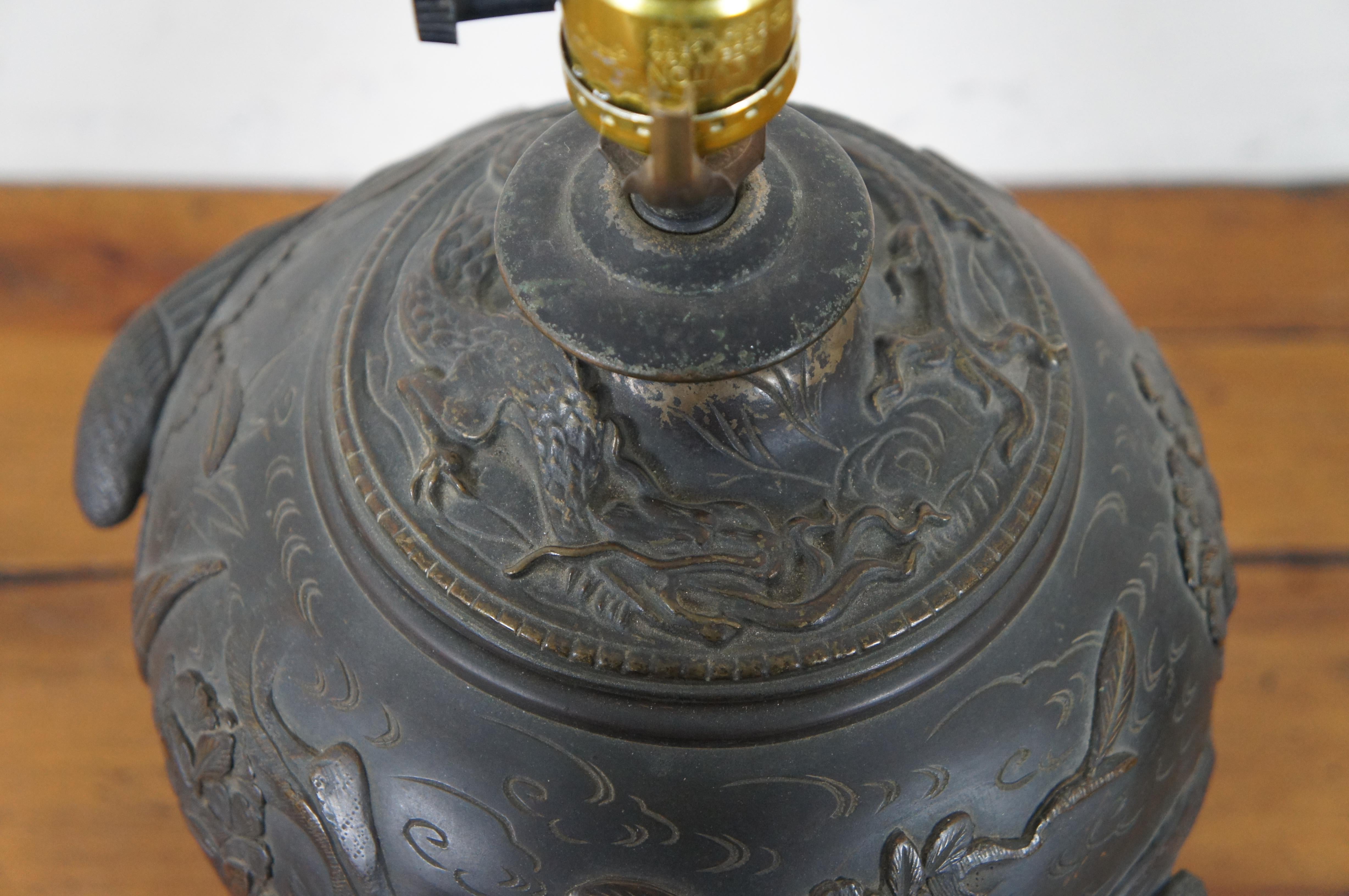 Japanese High Relief Bronze Ginger Jar Lamp Cranes Cherry Blossoms Chinoiserie 4