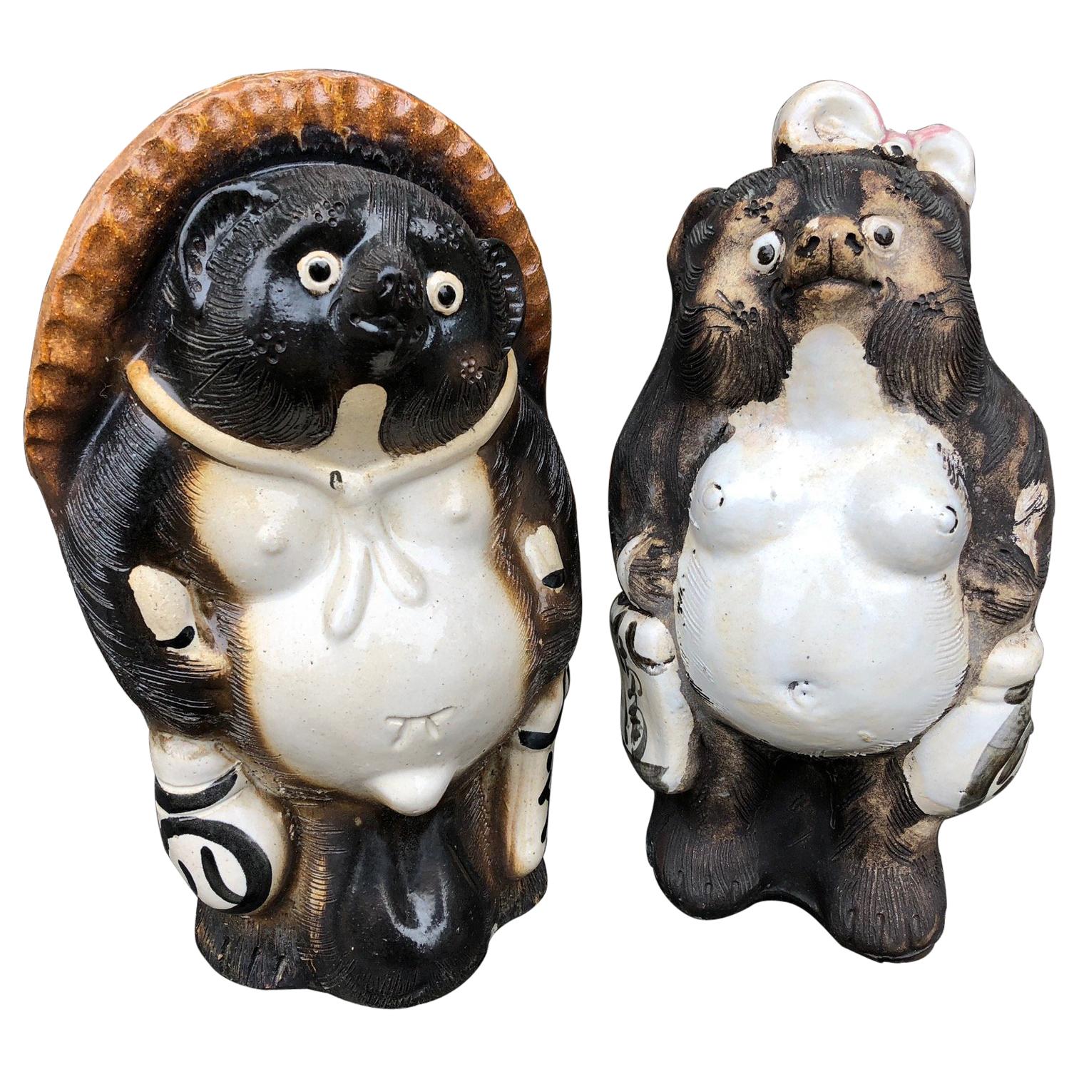 Japanese Garden Pair Him & Her Folk Hero Tanukis Handmade Big Belly Sculptures