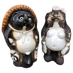 Japanese Garden Pair Him & Her Folk Hero Tanukis Handmade Big Belly Sculptures