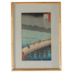 Japanese Hiroshige's Wood Block Print “Sudden Shower Over Shin-ohashi Bridge"
