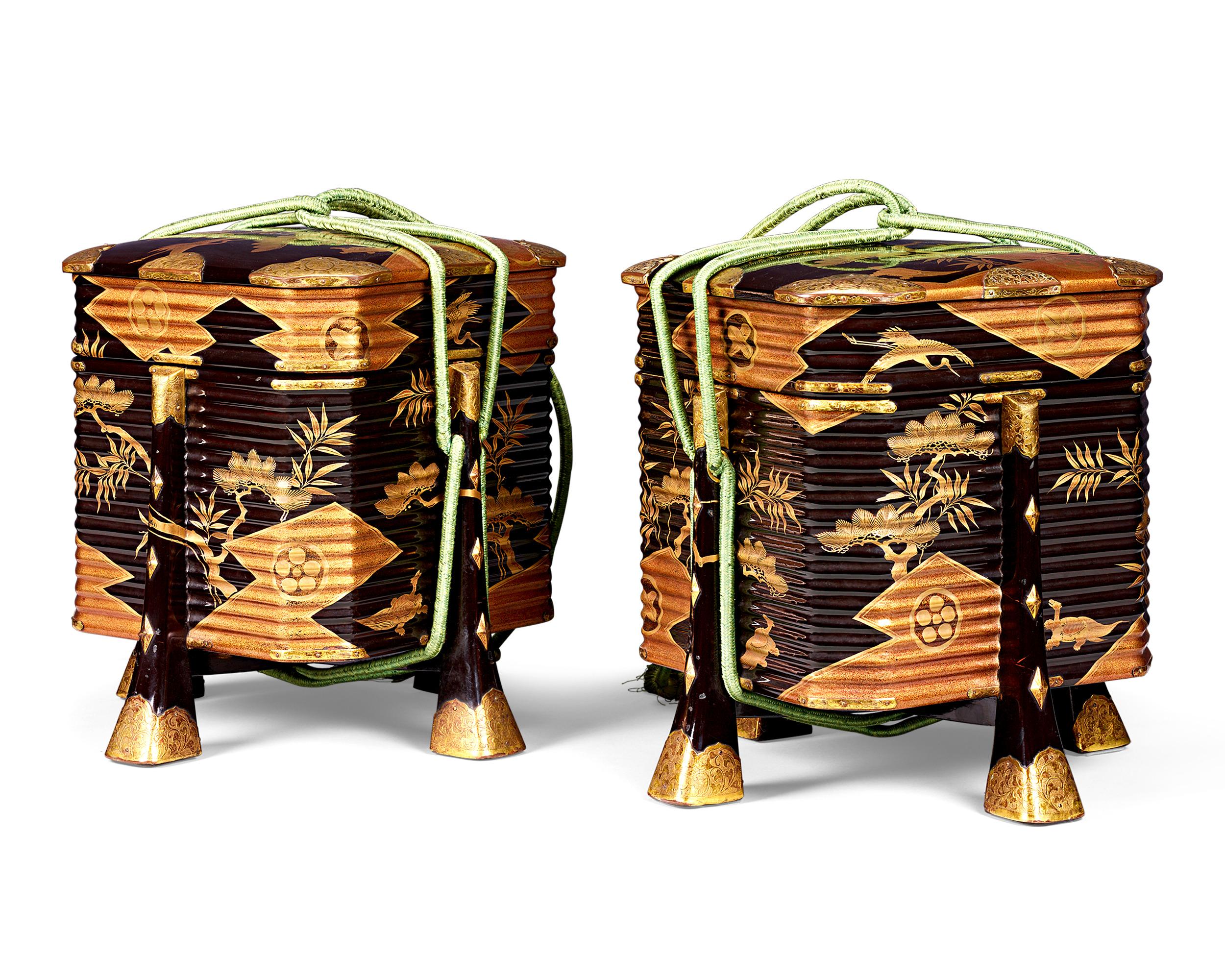 This remarkable pair of Edo-period lacquered Hokkai, or picnic baskets, was likely crafted for a prominent daimyo (lord) around 1780 during this time of great affluence. Reflecting a golden age of Japanese artistry, these elaborate vessels were made