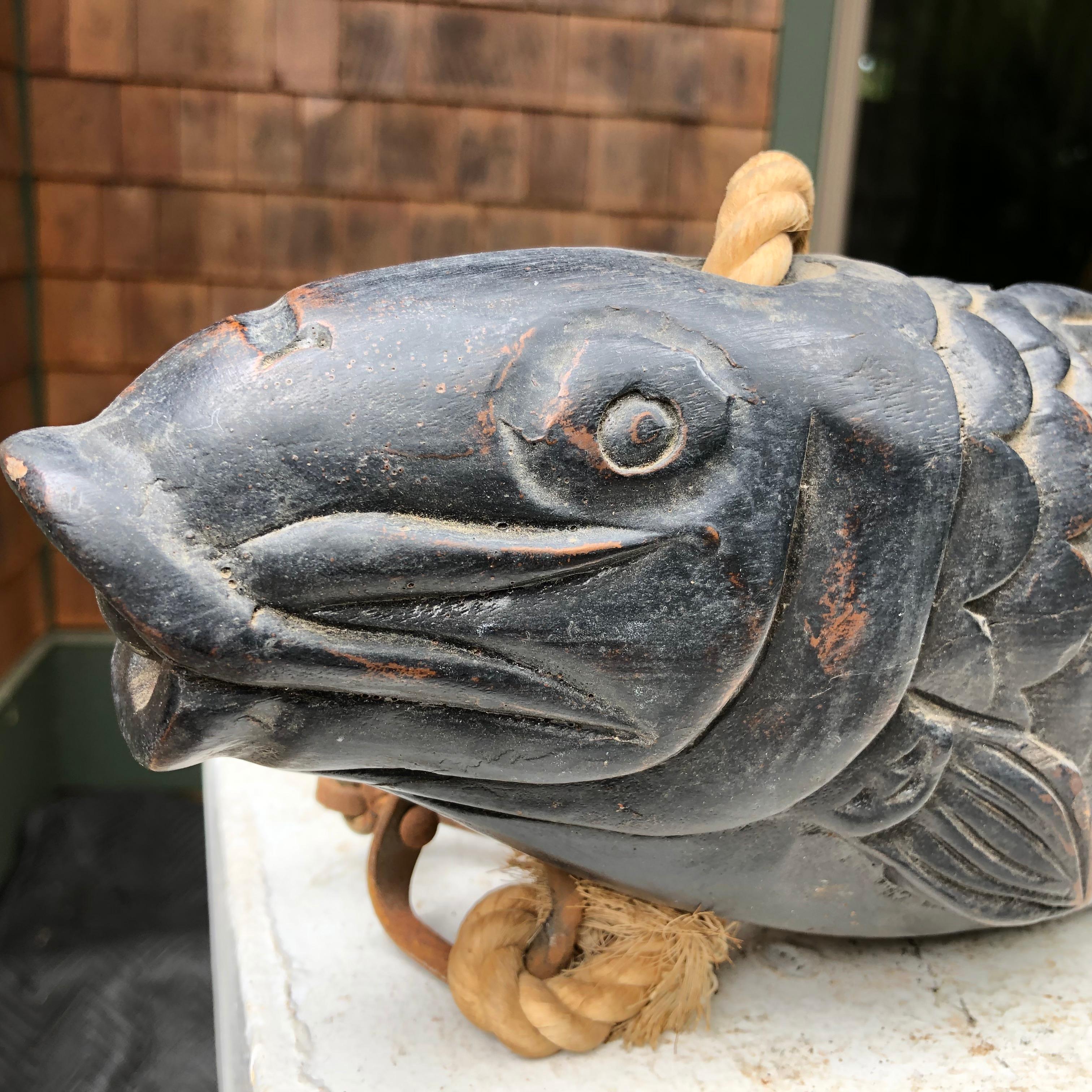 Hand-Carved Japanese Huge, Antique Hand Carved Wood Koi Good Fortune Fish, 19th Century