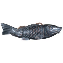 Japanese Huge 36" Antique Hand Carved Wood Koi Good Fortune Fish, 19th Century