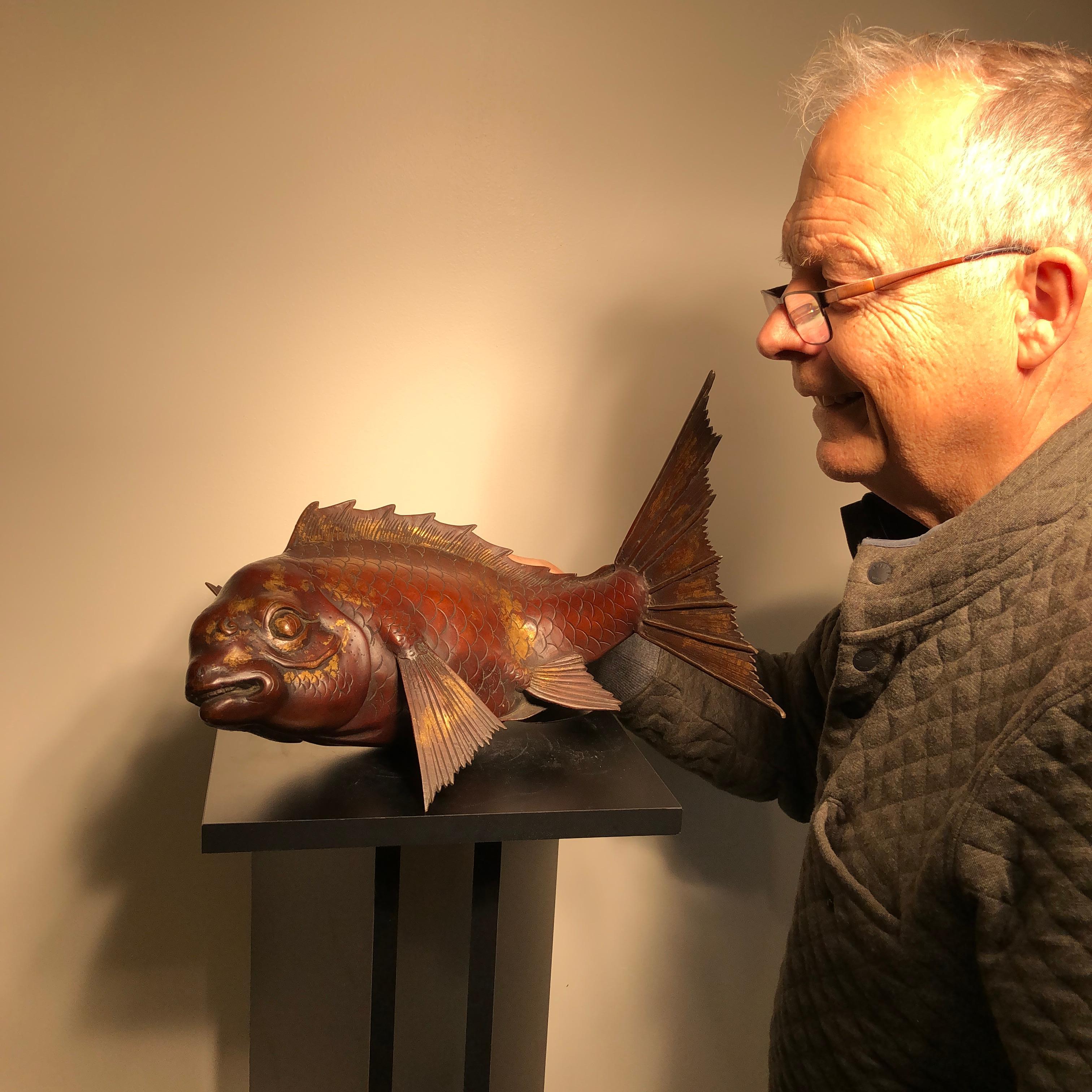 A Genuine Whopper.

A fine large scale old Japanese 19th century gold gilt caste bronze Koi fish sculpture symbolic of prosperity, perseverance and good fortune. Japanese Meiji period (1868-1912).

The fine bronze features a partially gold