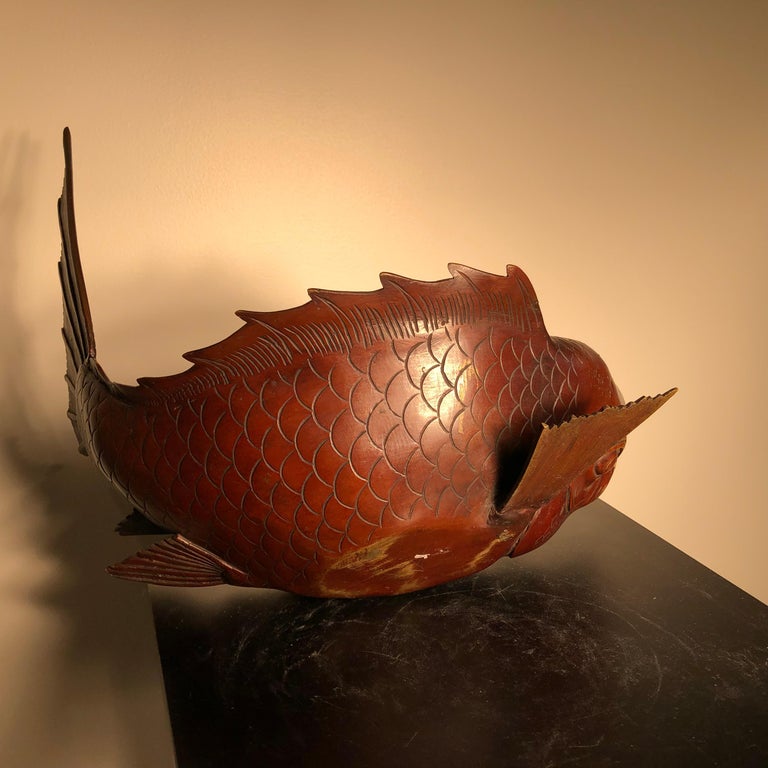 Japanese Huge Antique Bronze Koi Trophy Fish Gold Gilt, Good Fortune