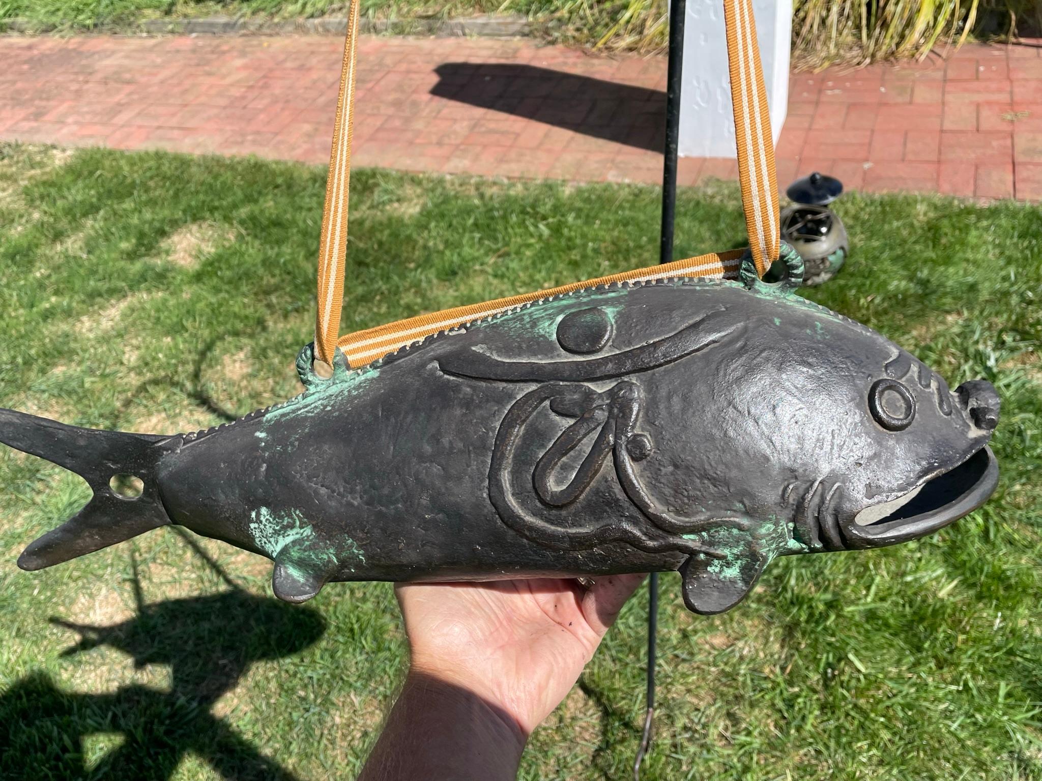 Japanese Huge Antique Bronze Fish Bell Gong And Hardwood Striker 3