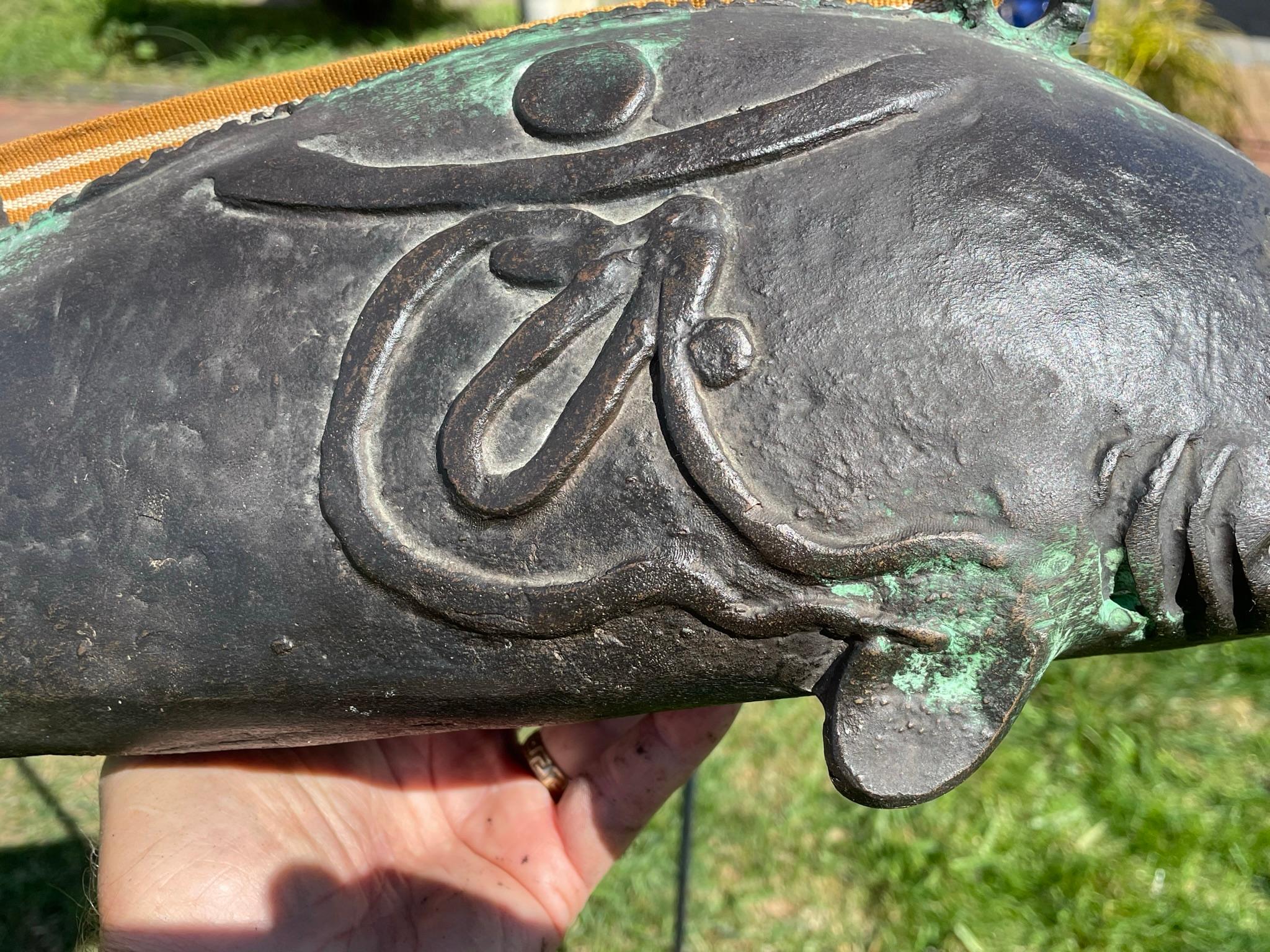 Japanese Huge Antique Bronze Fish Bell Gong And Hardwood Striker 5