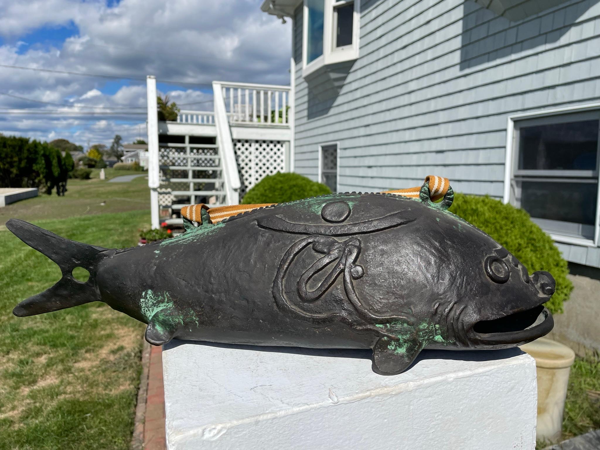 Japanese Huge Antique Bronze Fish Bell Gong And Hardwood Striker 7