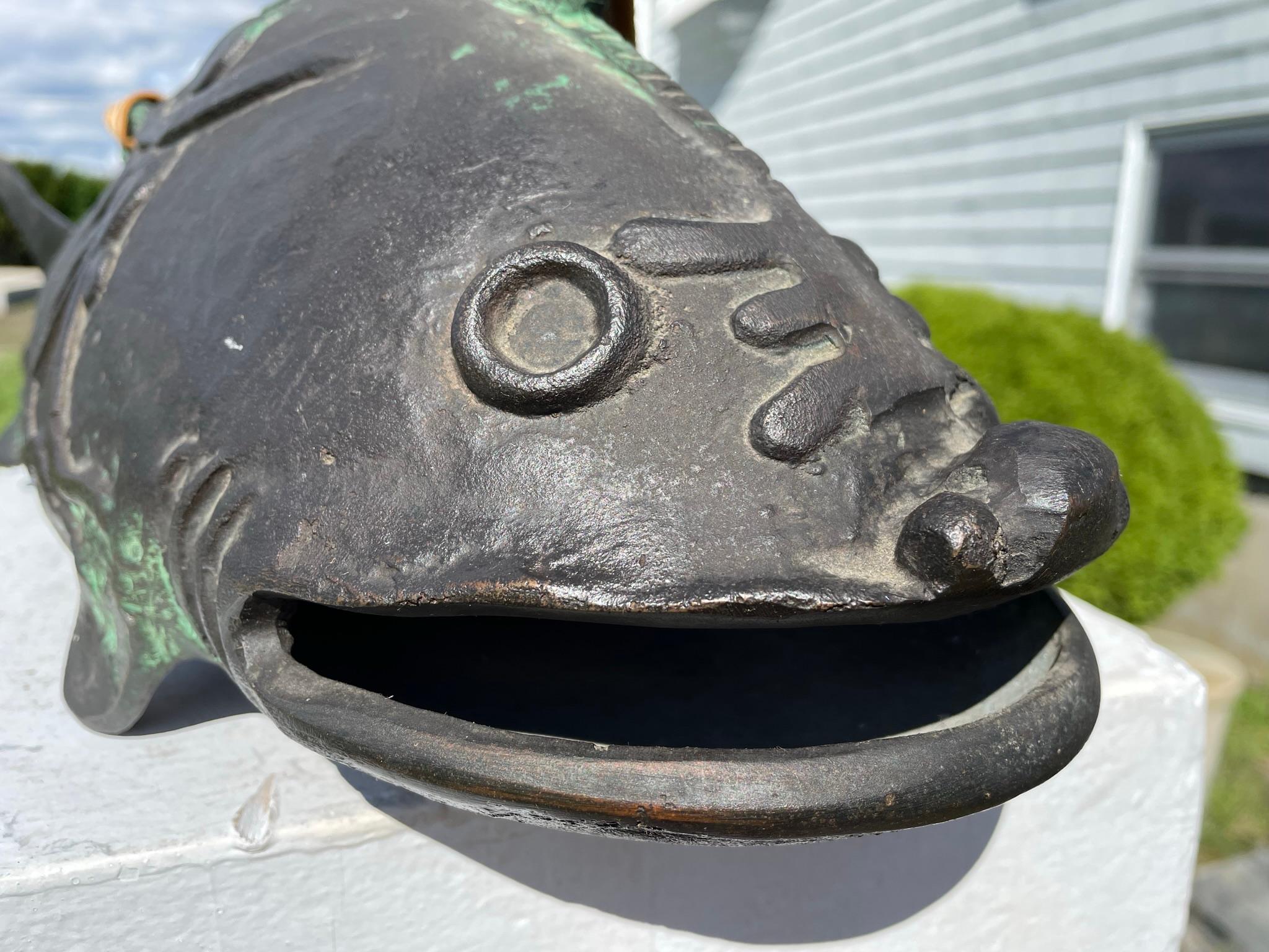 Japanese Huge Antique Bronze Fish Bell Gong And Hardwood Striker 8