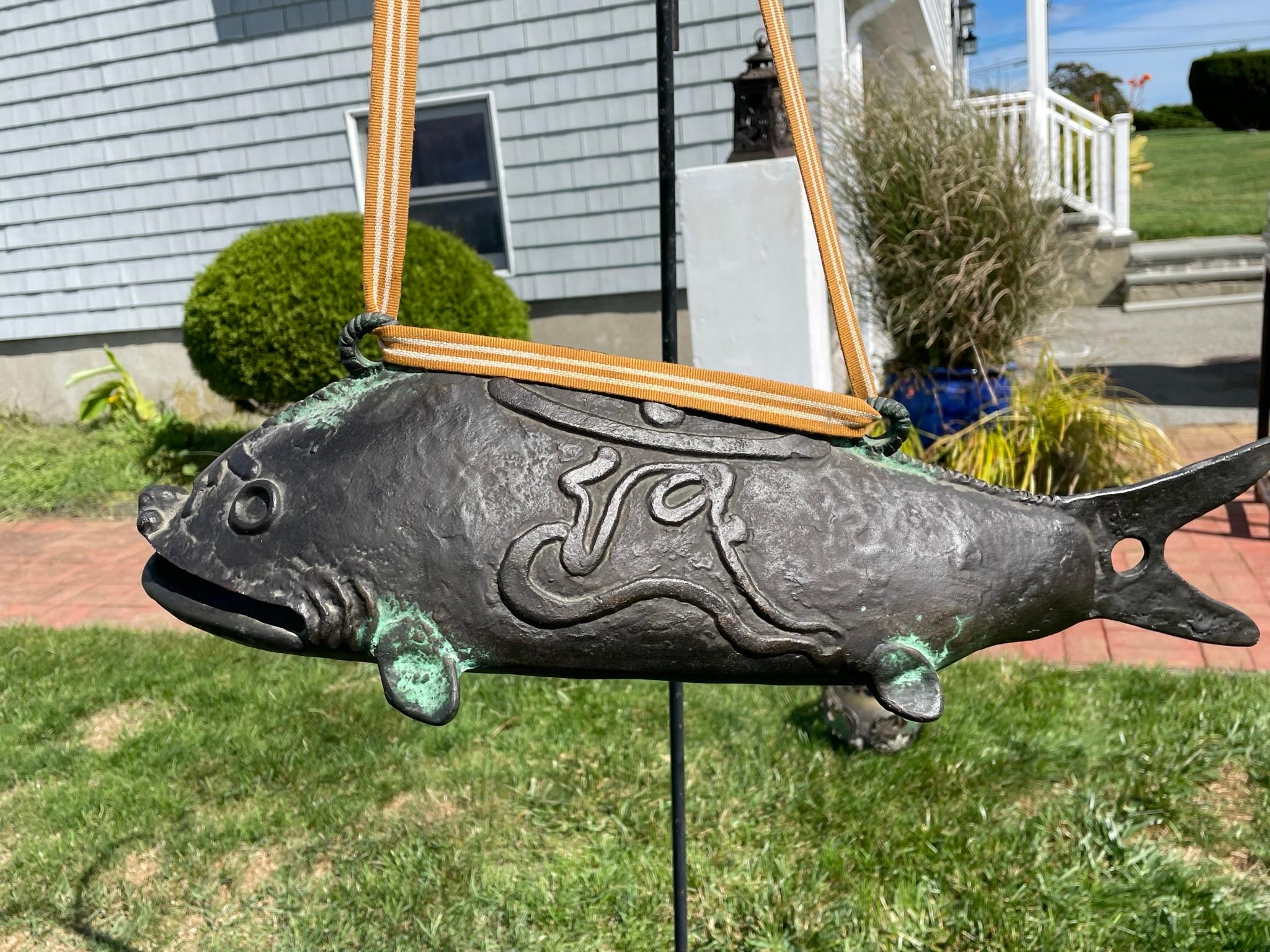 Showa Japanese Huge Antique Bronze Fish Bell Gong And Hardwood Striker