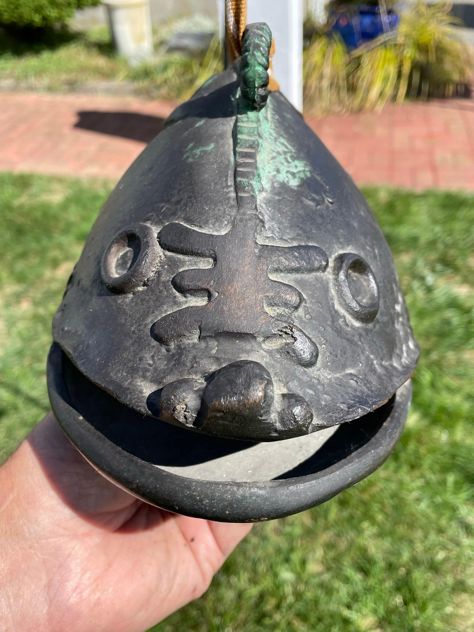 Japanese Huge Antique Bronze Fish Bell Gong And Hardwood Striker In Good Condition In South Burlington, VT
