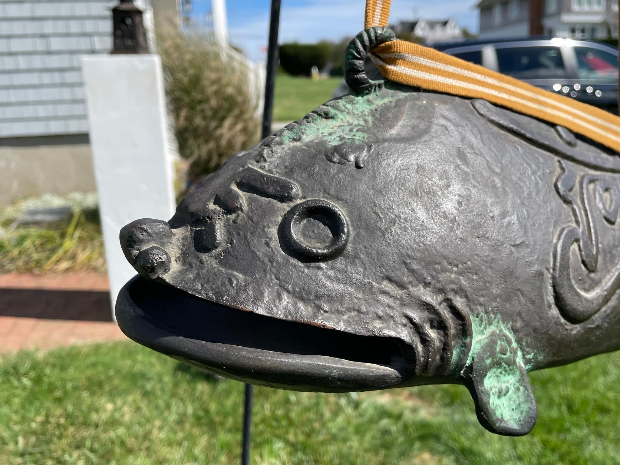 20th Century Japanese Huge Antique Bronze Fish Bell Gong And Hardwood Striker