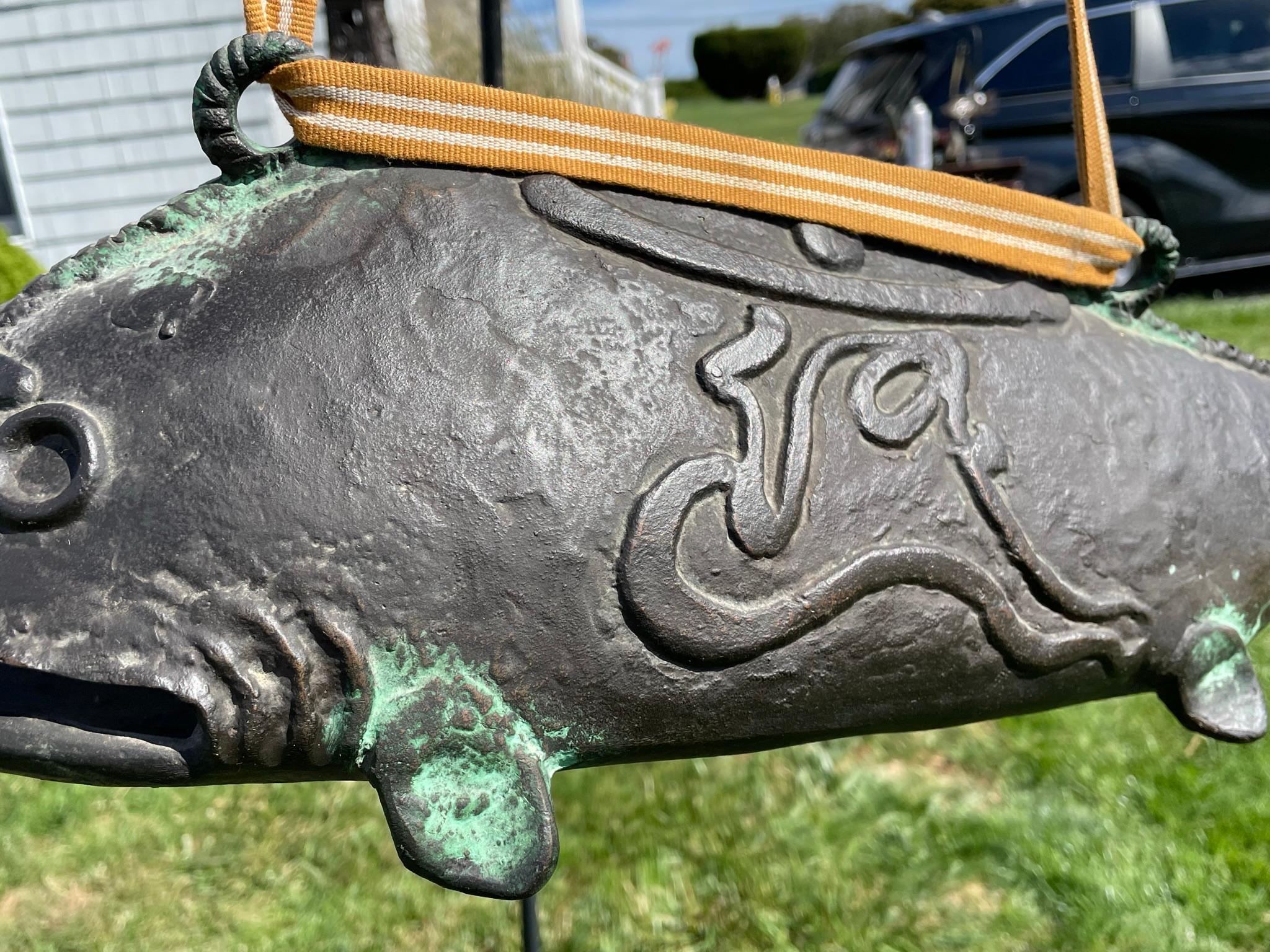 Japanese Huge Antique Bronze Fish Bell Gong And Hardwood Striker 1