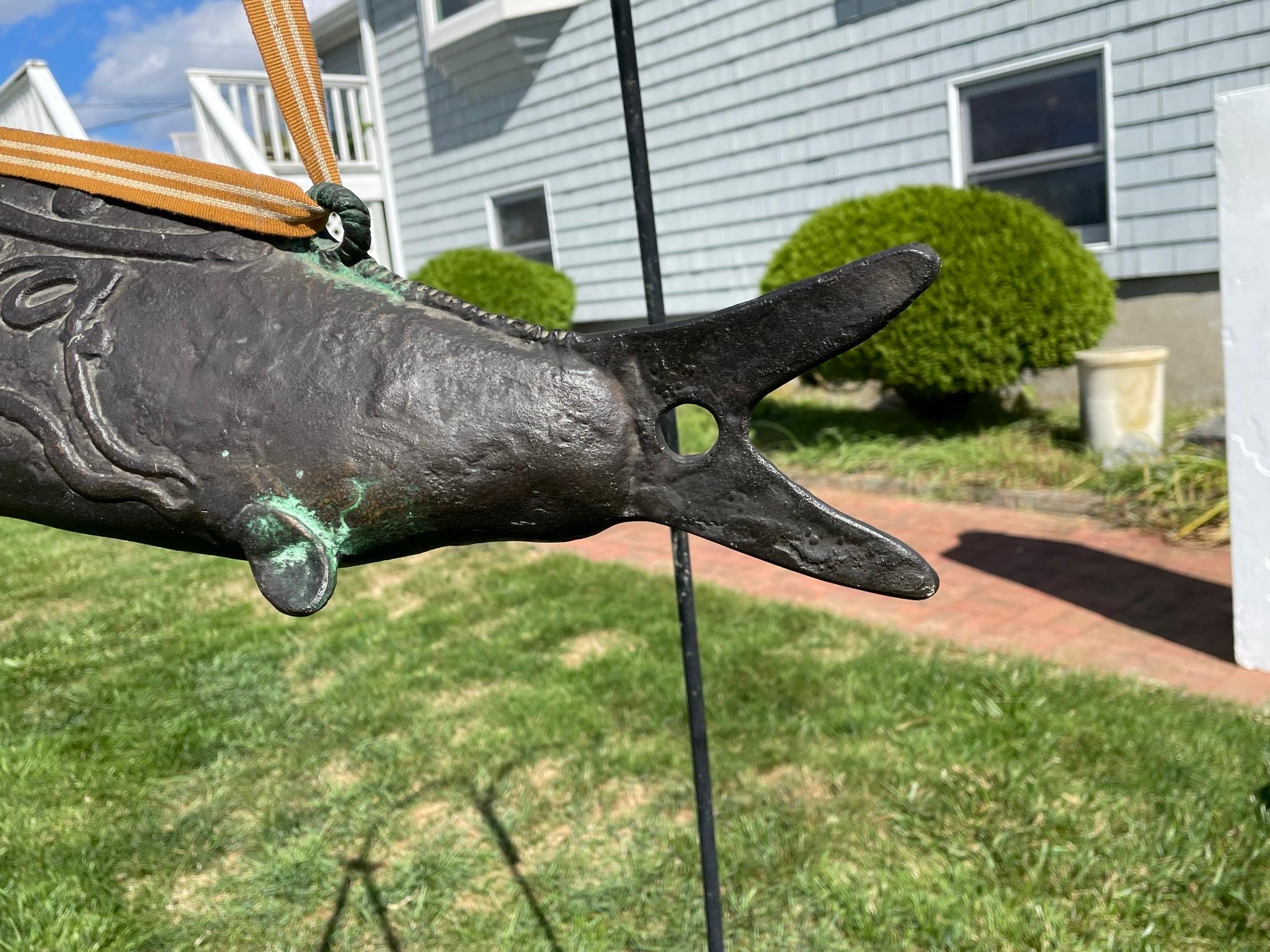 Japanese Huge Antique Bronze Fish Bell Gong And Hardwood Striker 2