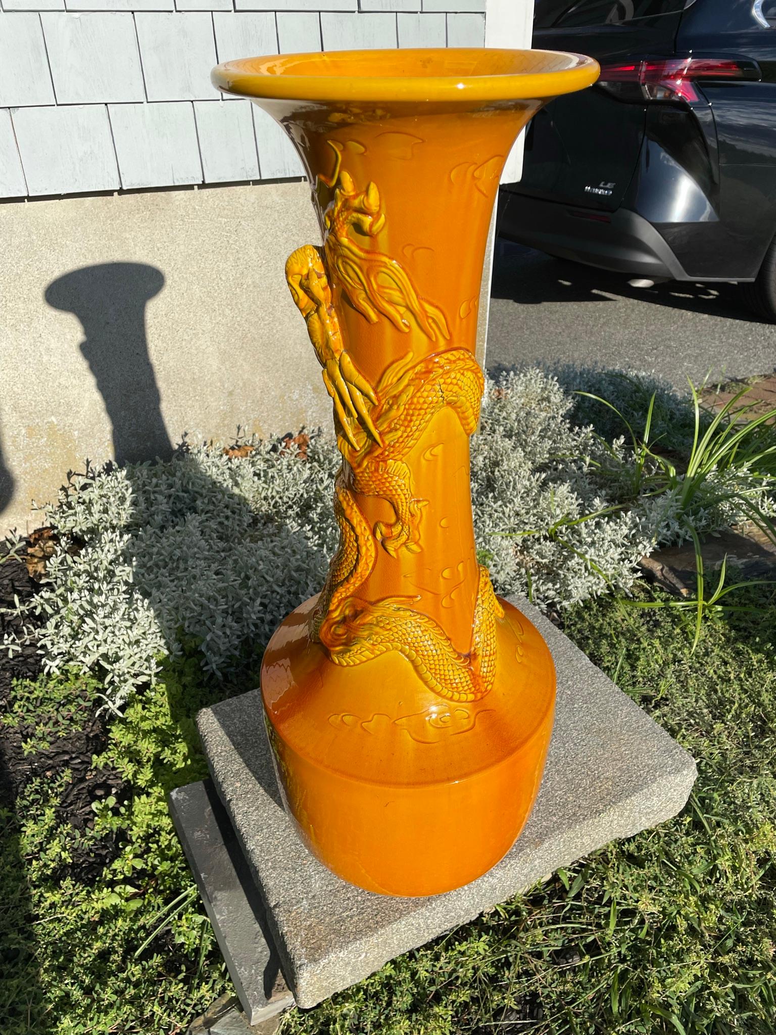 Glazed Japanese Tall Antique Year Of Dragon Yellow Dragon Trumpet Vase, 29 Inch For Sale