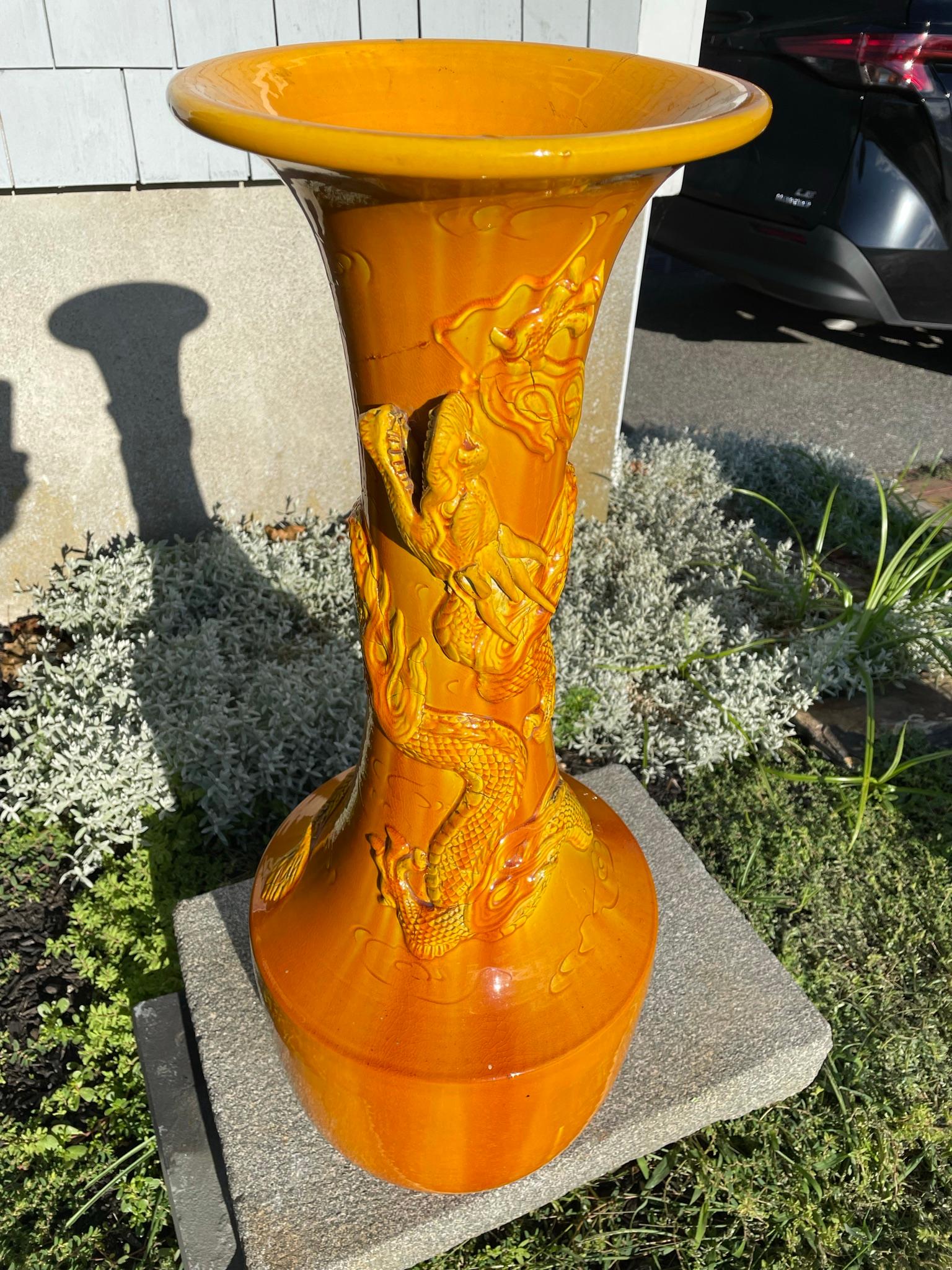 Taisho Japanese Tall Antique Year Of Dragon Yellow Dragon Trumpet Vase, 29 Inch For Sale