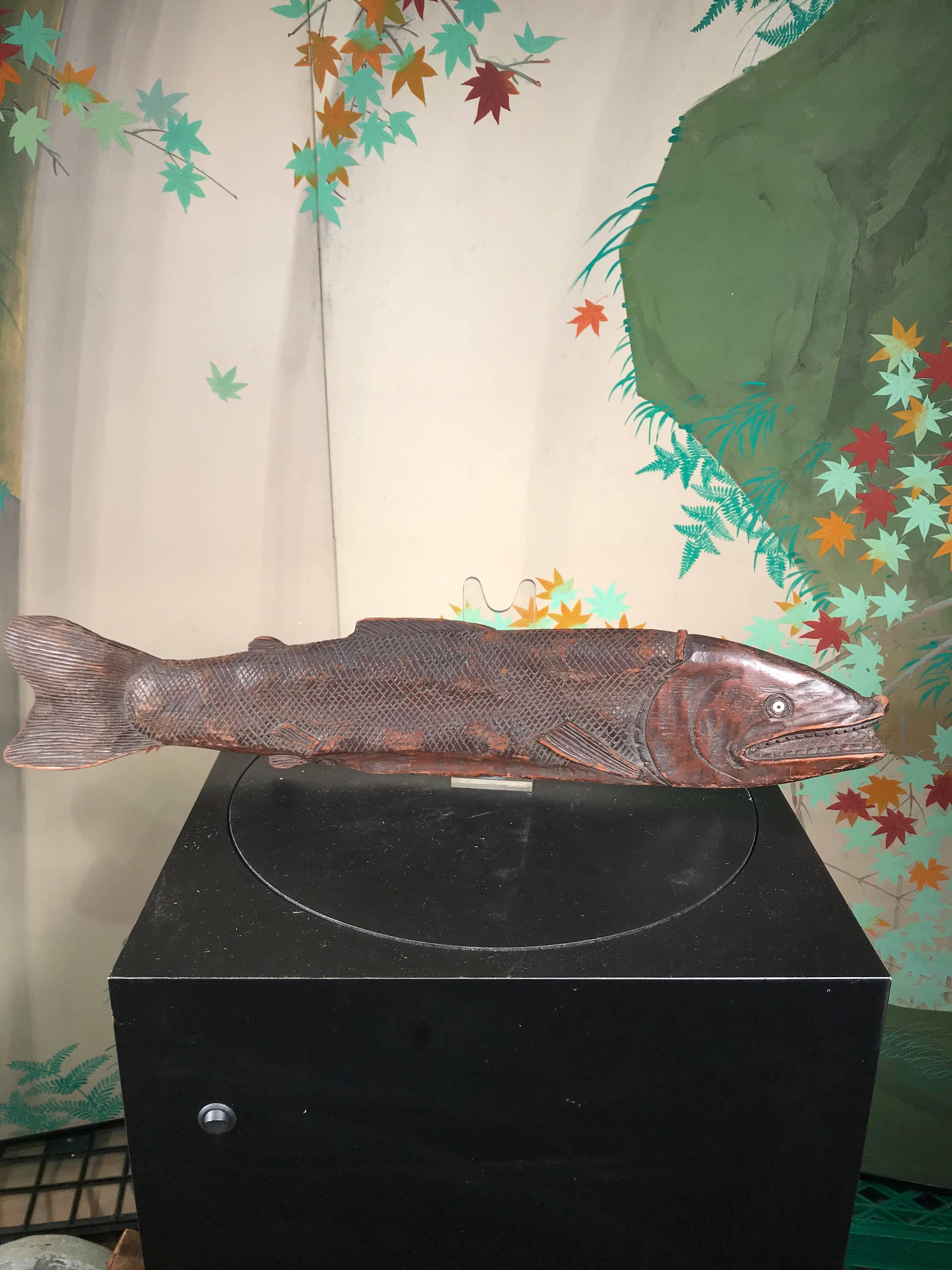 Japanese Huge Antique Hand-Carved Divine Salmon Fish, Ainu Peoples 4