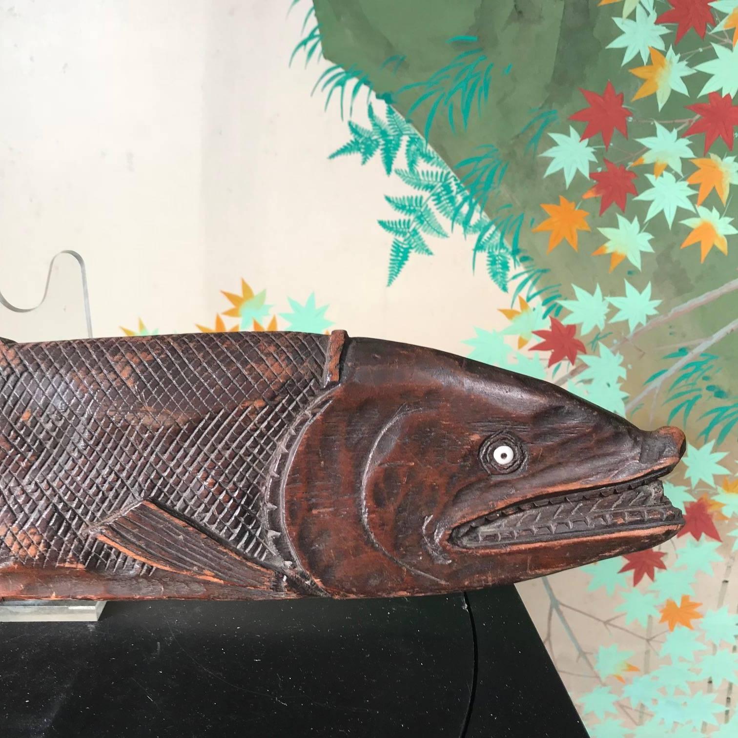 Japanese Huge Antique Hand-Carved Divine Salmon Fish, Ainu Peoples 5